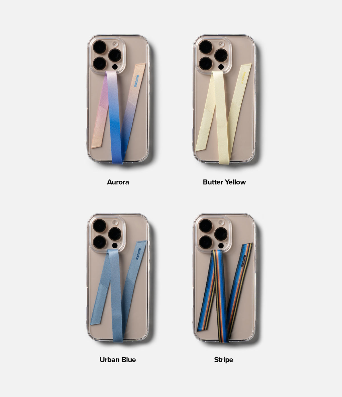Band Strap - Four clear phone cases with attached fabric straps in Aurora, Butter Yellow, Urban Blue, and Stripe patterns.