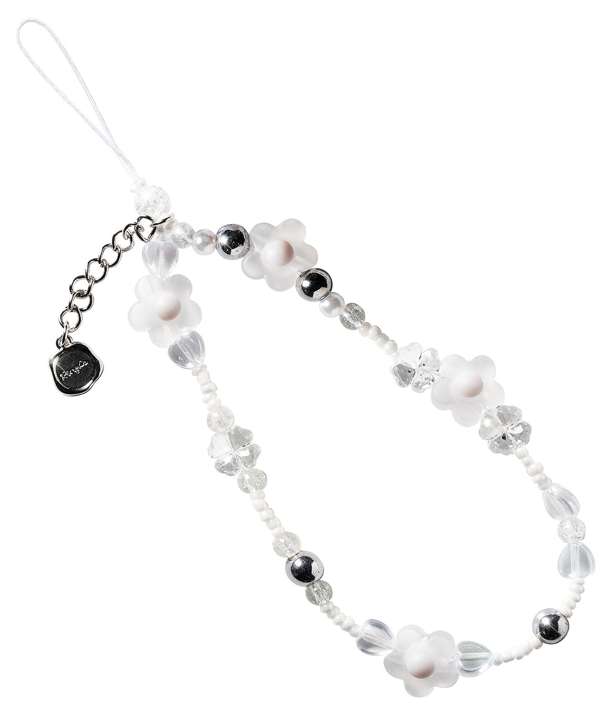 Beaded Strap - A phone charm with white flower beads, clear crystals, and silver metallic spheres on a white cord.