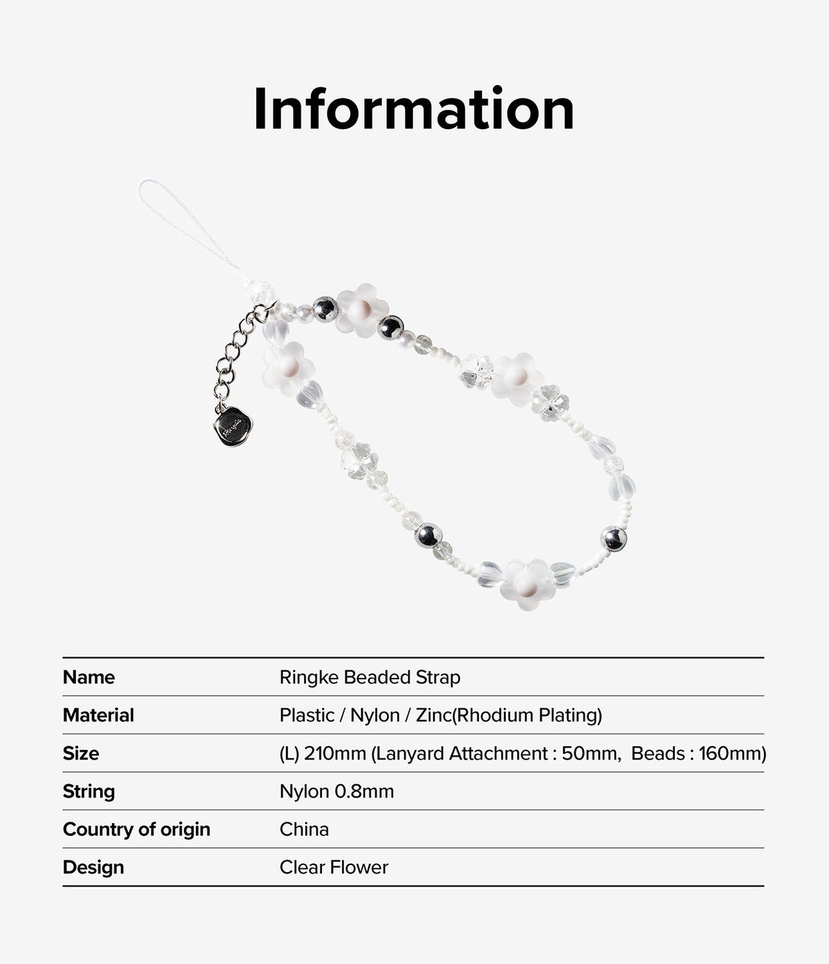 Beaded Strap - A decorative phone strap with clear flower beads, silver accents, and a metal charm on a nylon cord.