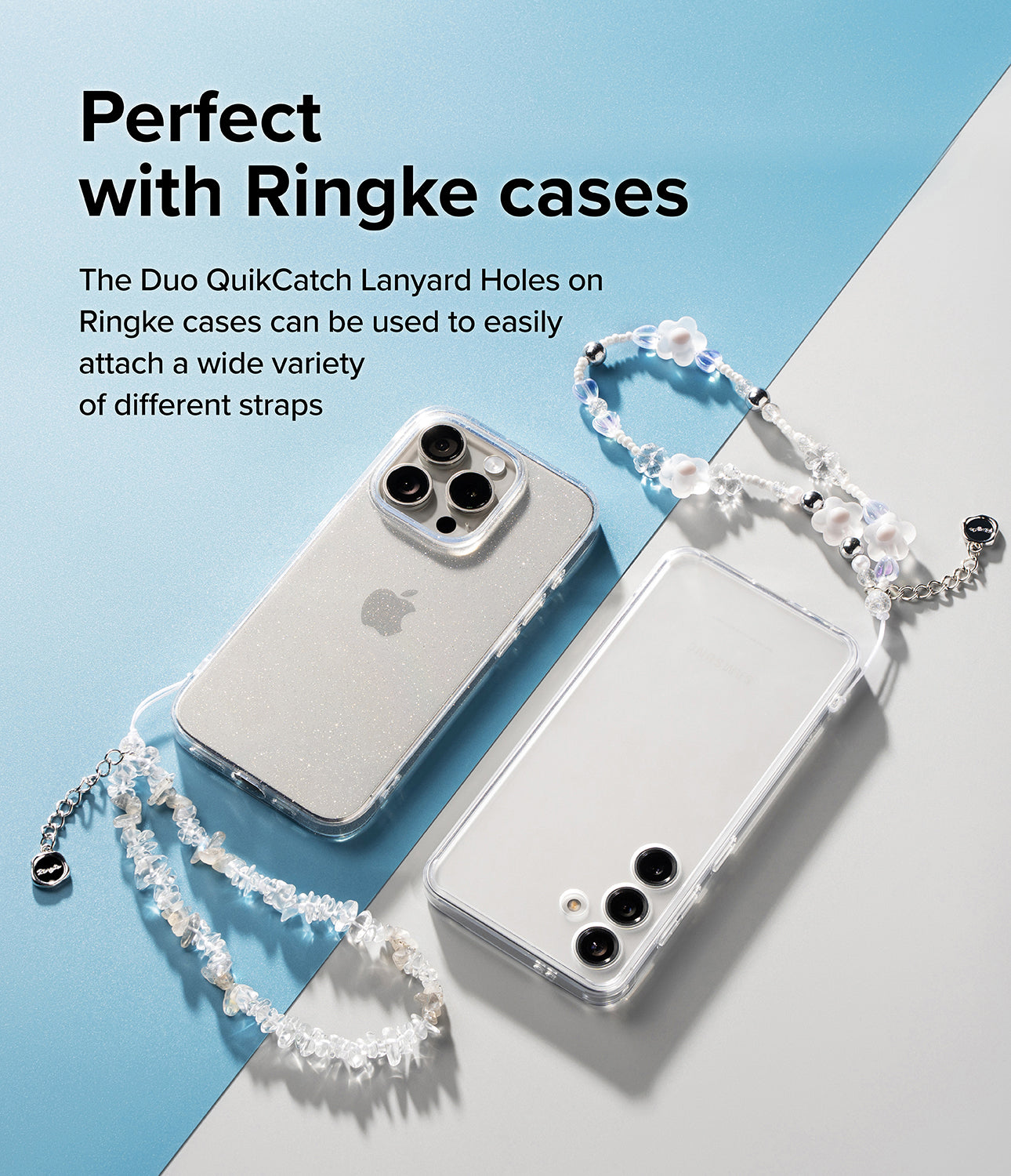 Beaded Strap - Two clear phone cases with decorative beaded lanyards attached against a blue and white background.