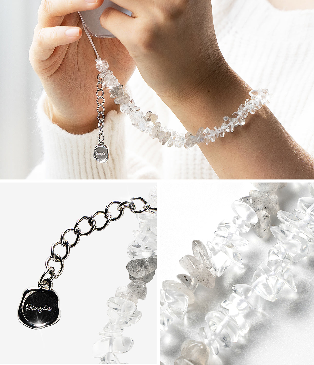 Beaded Strap - Clear crystal chip beads on a phone strap with a silver chain and branded charm.