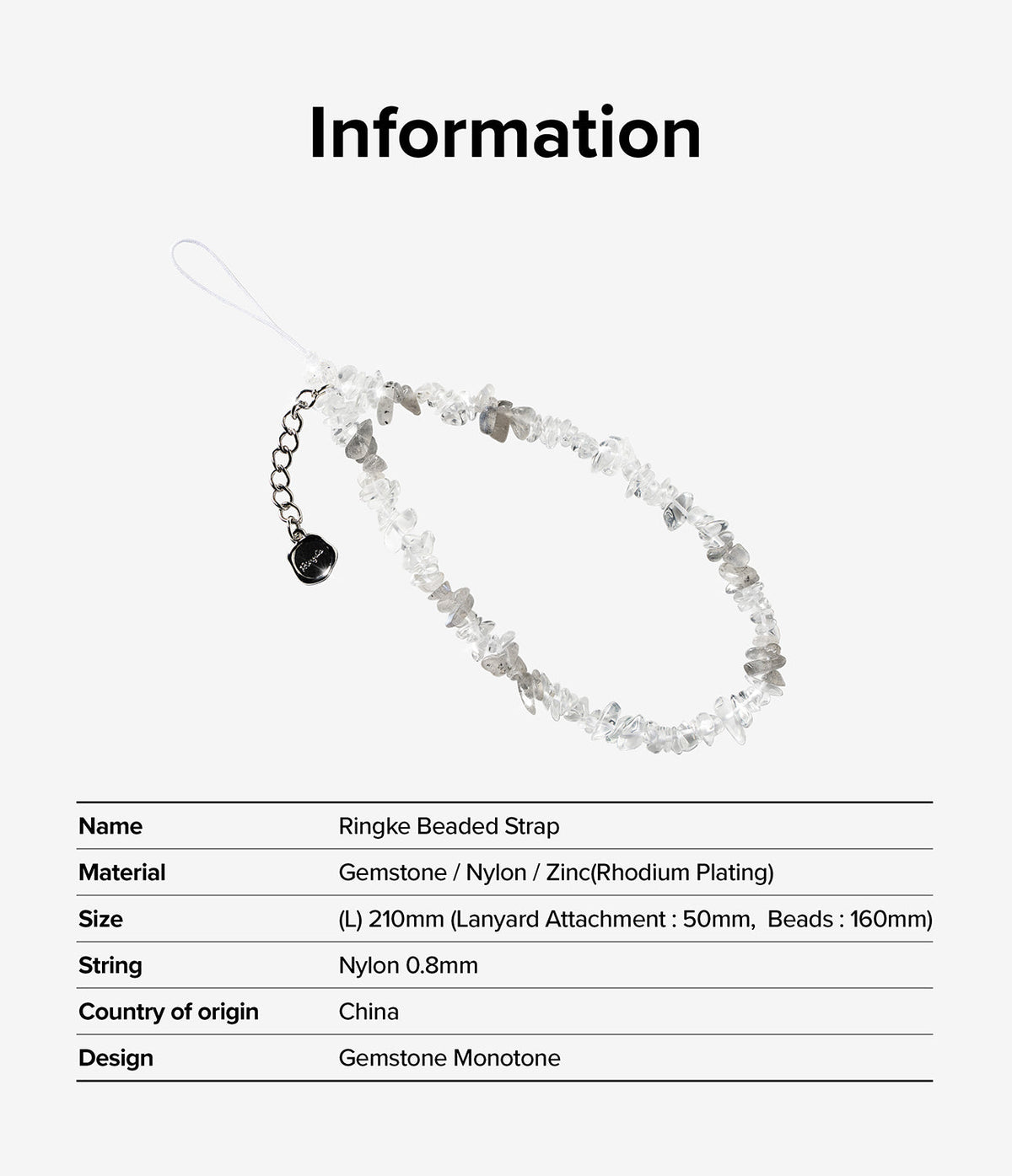 Beaded Strap - A loop of clear, irregular gemstone beads with a silver chain and small branded charm on a white background.