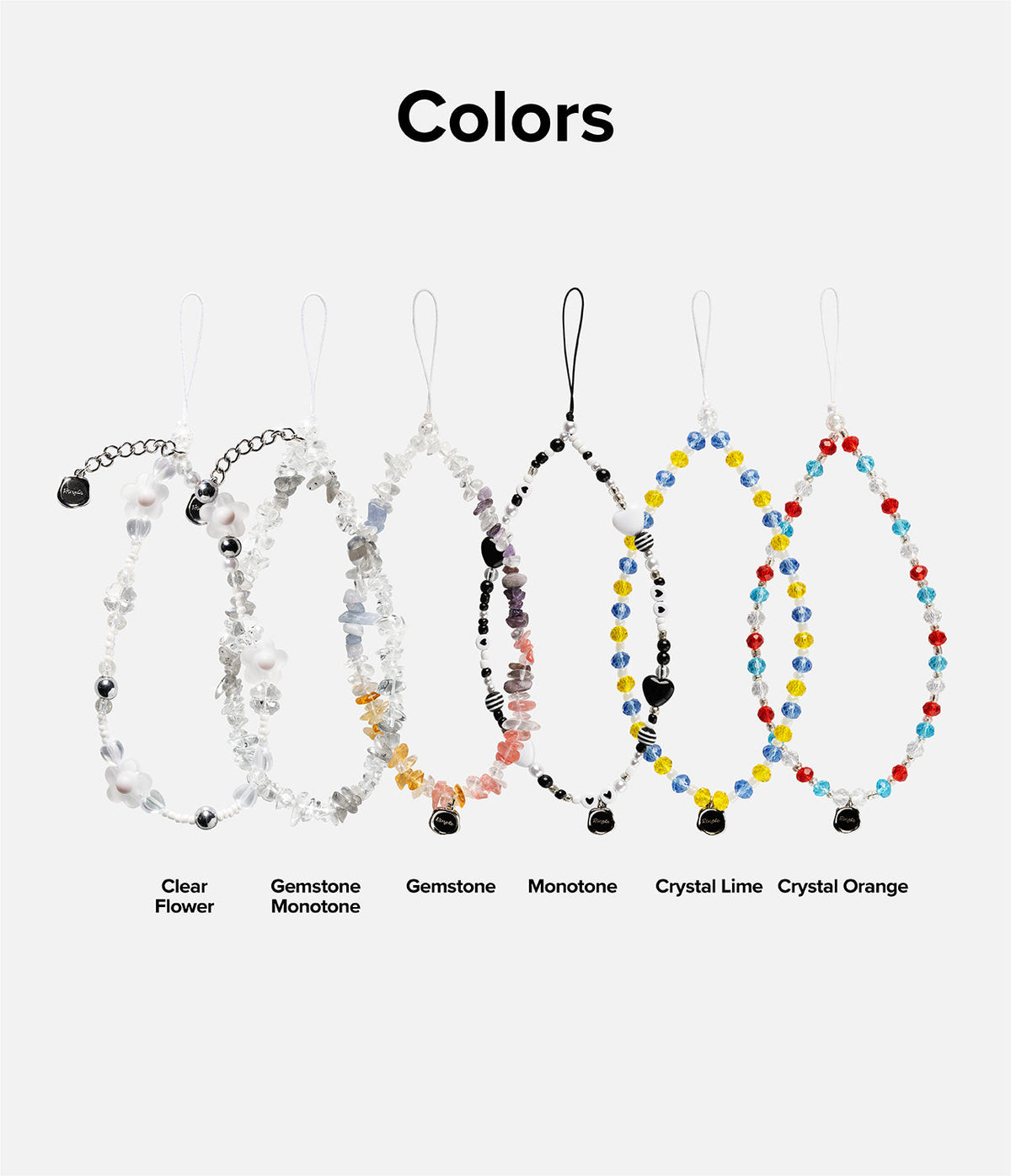 Beaded Strap - Six colorful beaded phone straps labeled Clear Flower, Gemstone Monotone, Gemstone, Monotone, Lime, and Orange.