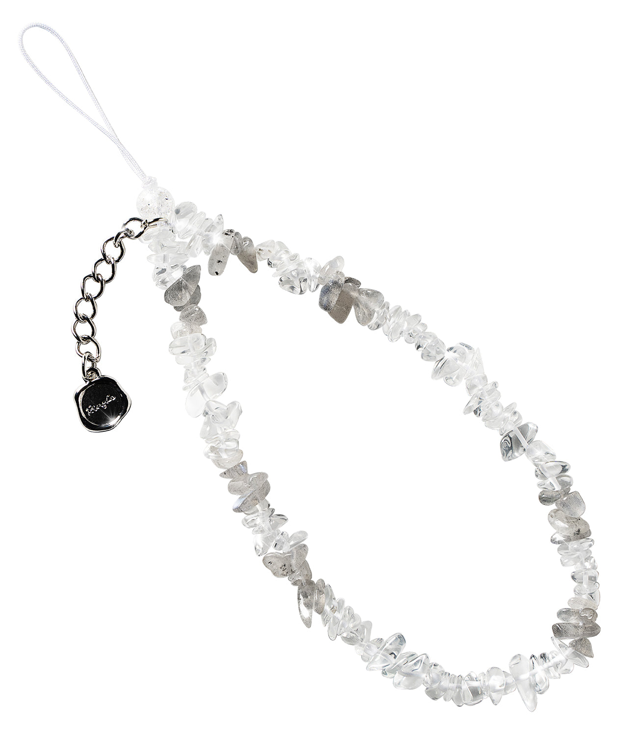 Beaded Strap - A loop of irregular, translucent clear and grey stone beads with a silver chain and branded charm.