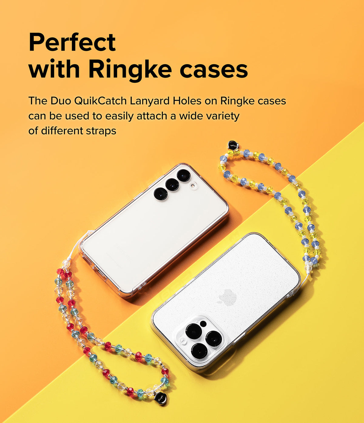 Beaded Strap - Two smartphones in clear cases attached to colorful beaded lanyards on a yellow background.