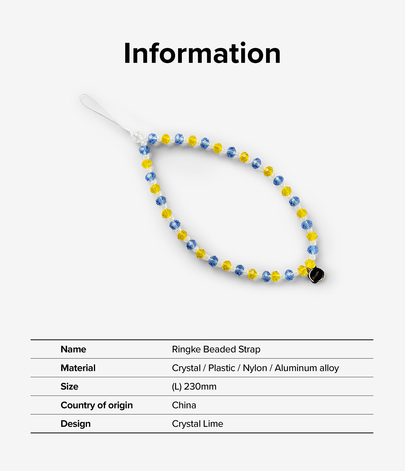 Beaded Strap - A phone strap with alternating blue and yellow crystal beads and a small metal charm on a white background.