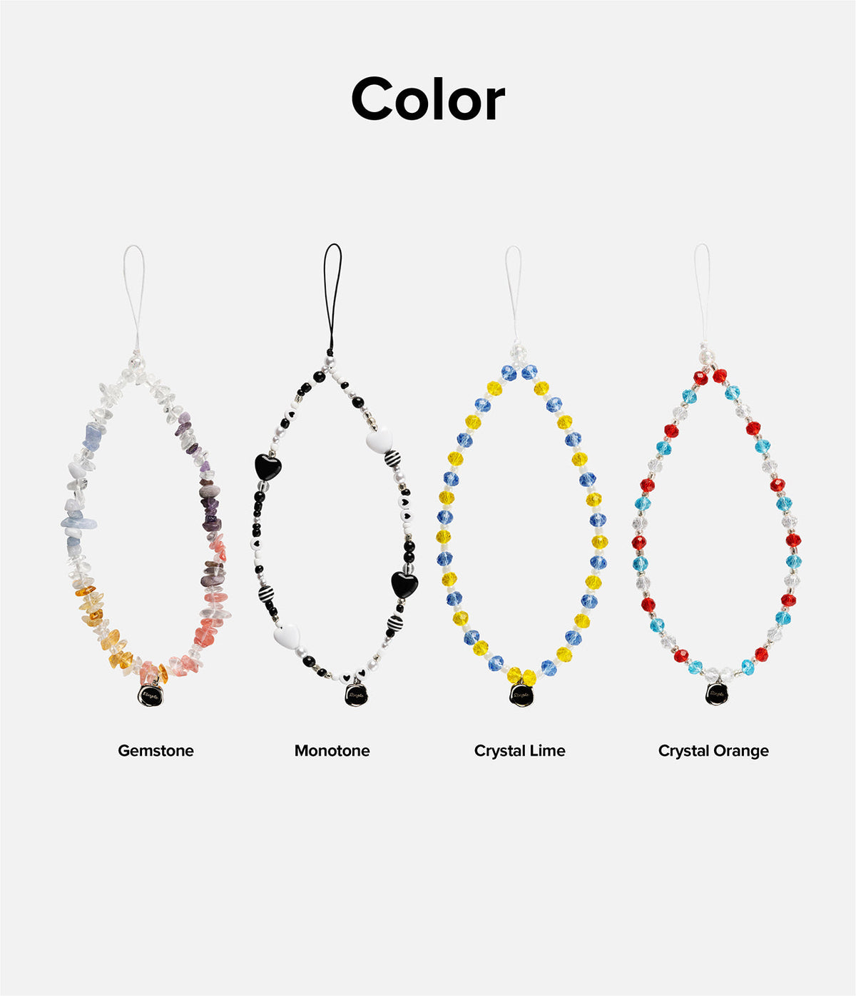 Beaded Strap - Four phone straps in Gemstone, Monotone, Crystal Lime, and Crystal Orange styles against a white background.