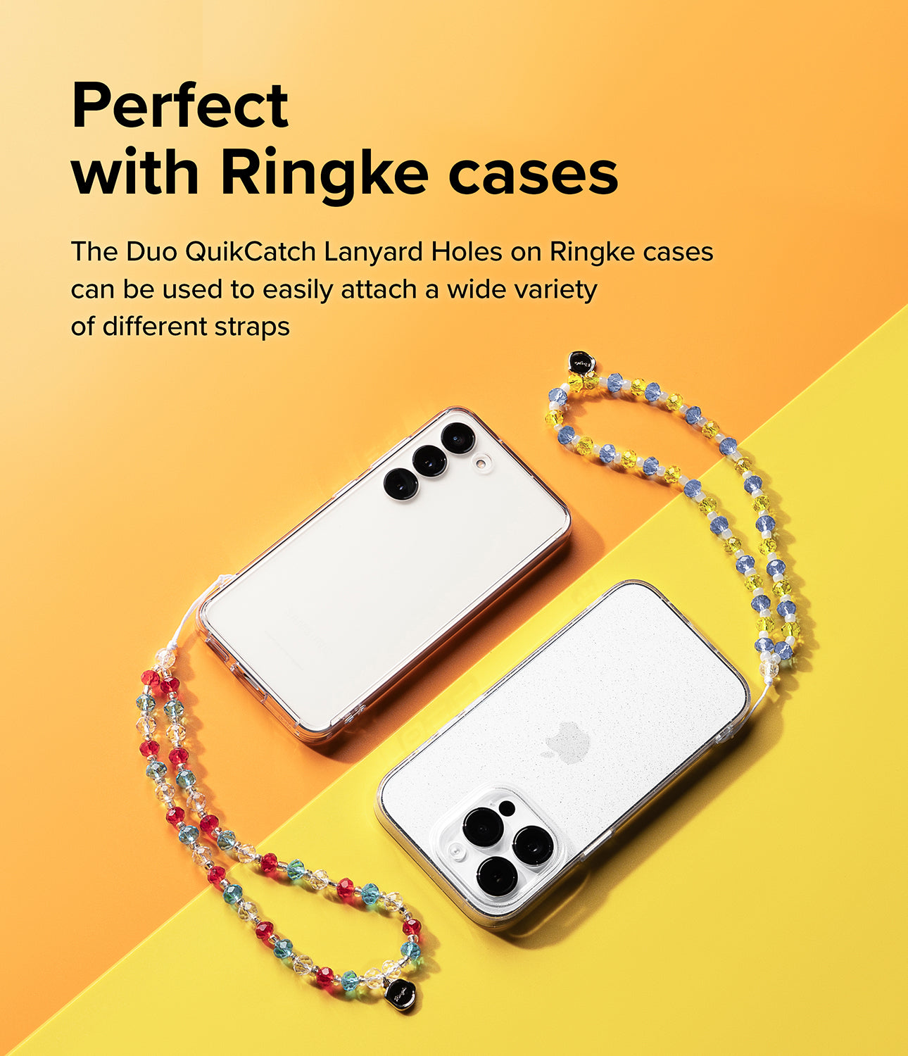 Beaded Strap - Two smartphones in clear cases attached to colorful beaded lanyards on a yellow and orange background.