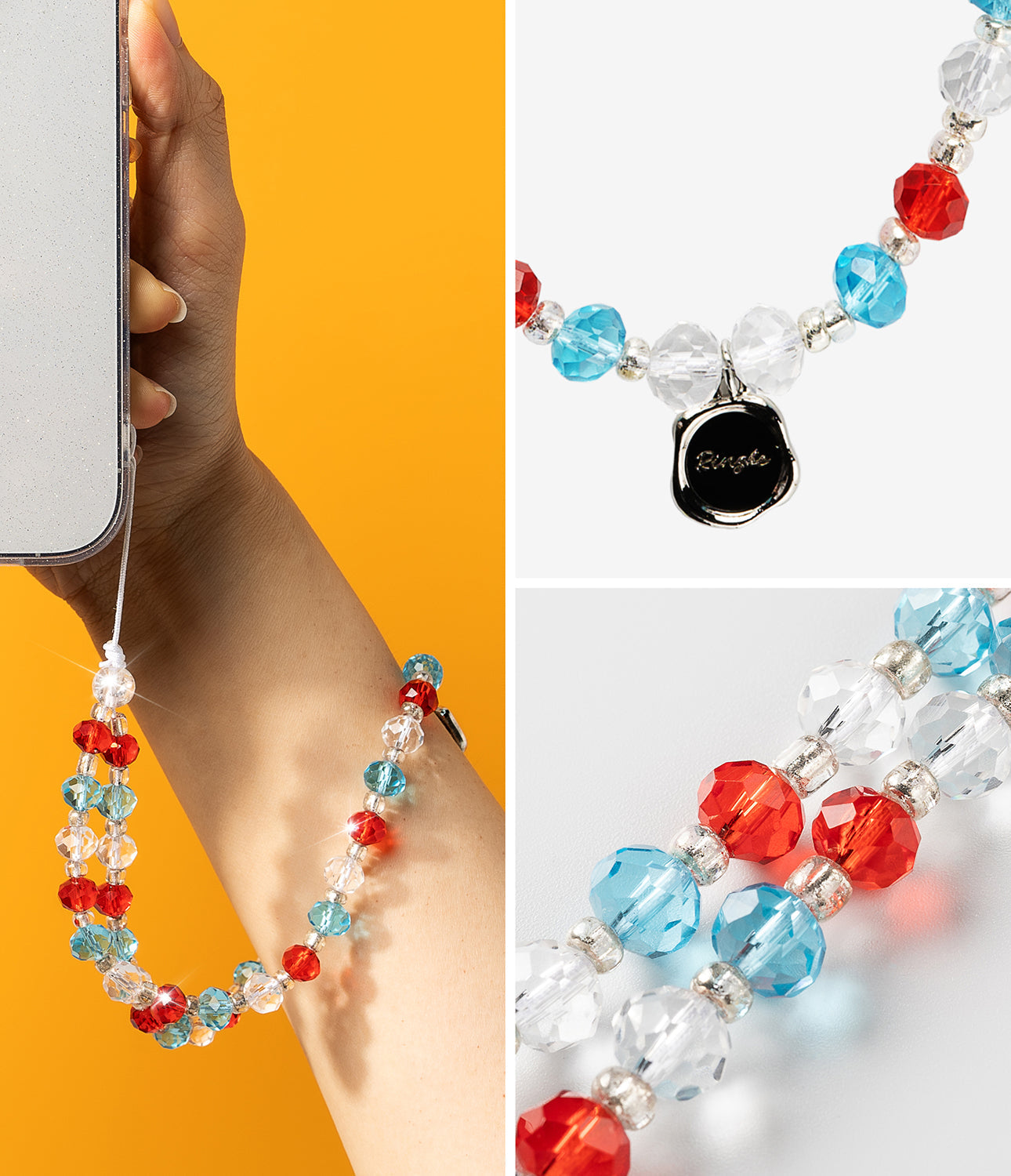 Beaded Strap - A wrist strap with red, blue, and clear faceted beads and a small circular charm attached to a phone.