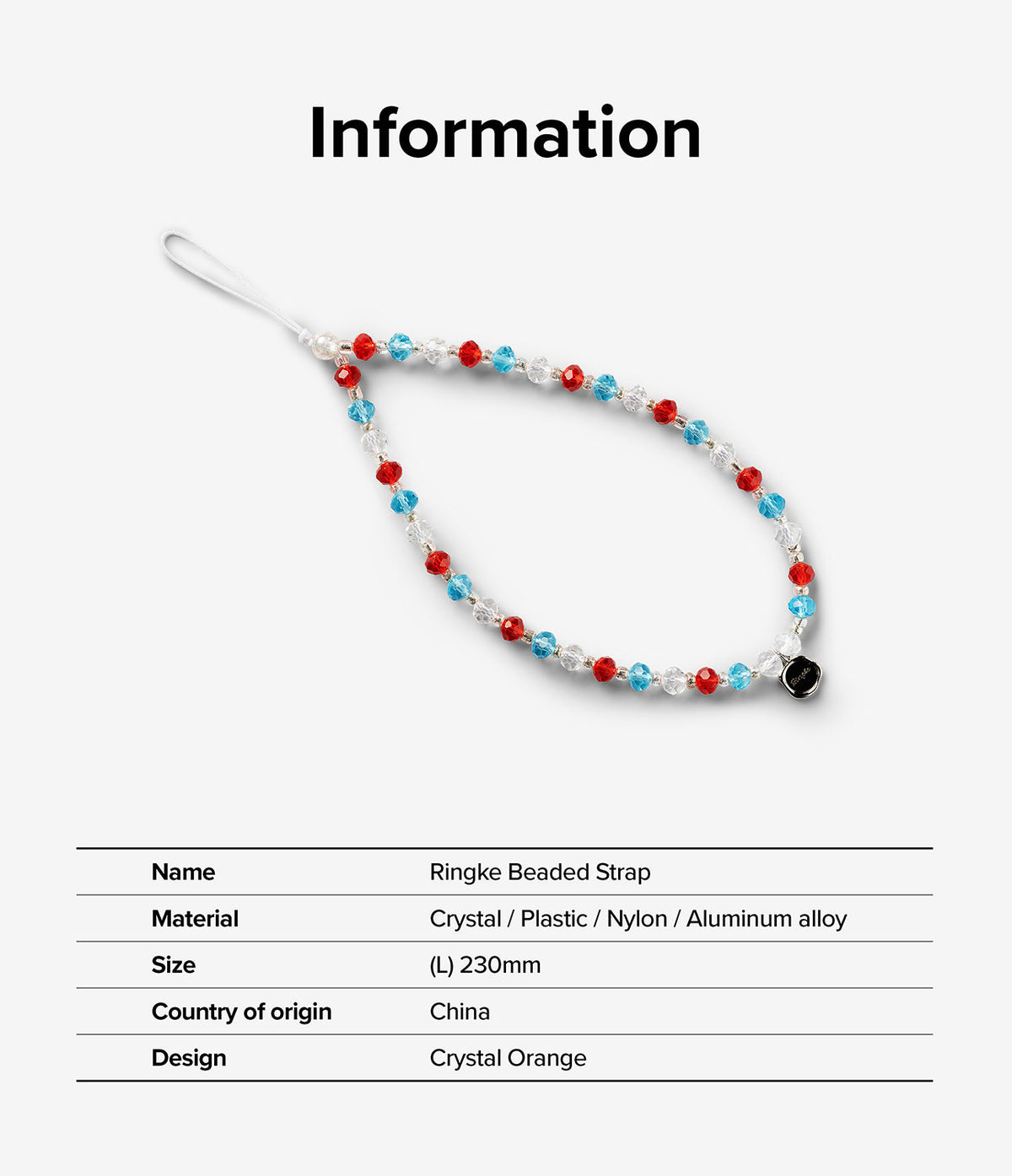 Beaded Strap - A loop of red, blue, and clear crystal beads with a small black charm, displayed with product specifications.