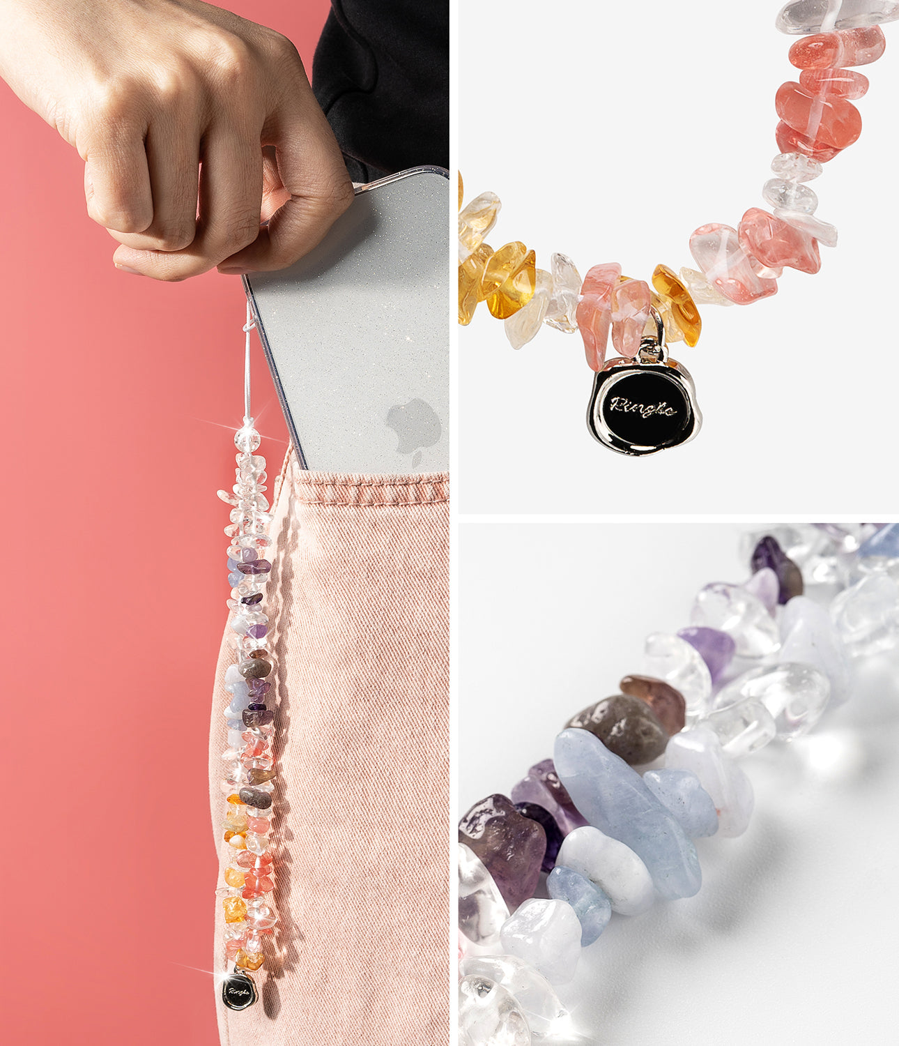 Beaded Strap - A multi-colored gemstone phone strap with a Ringke logo charm, shown attached to a phone in a pocket.