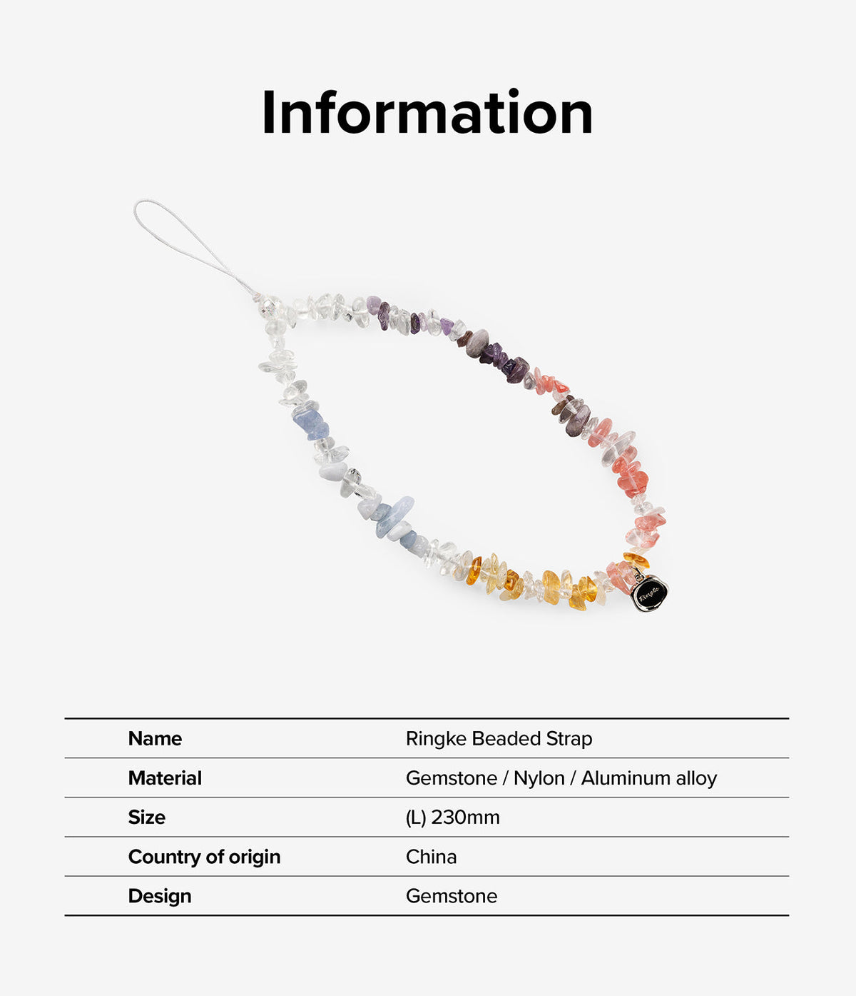 Beaded Strap - A colorful gemstone phone strap with a small metal charm and product information table below.