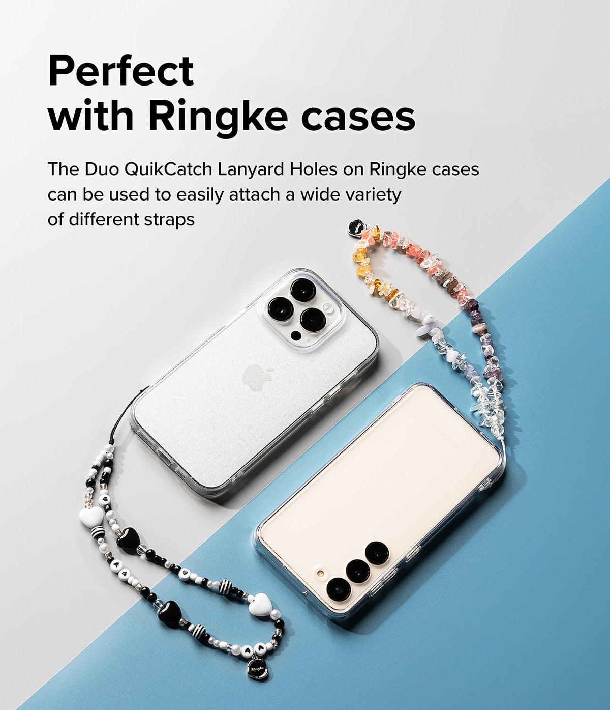 Beaded Strap - Two smartphones in clear cases attached to colorful beaded and heart-patterned lanyards on a split background.