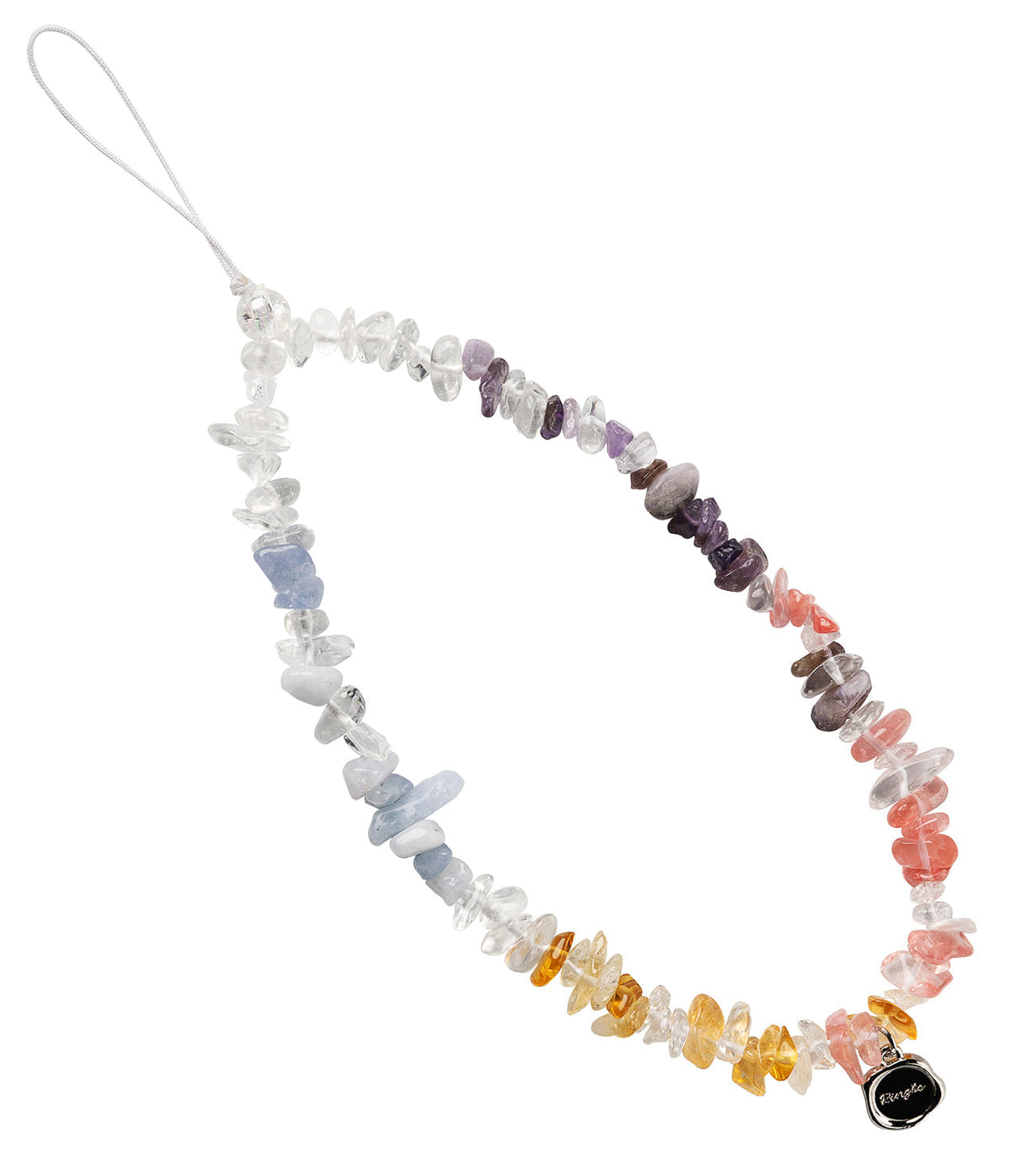 Beaded Strap - A loop of multicolored, irregular gemstone chips featuring a small black circular charm on a white background.