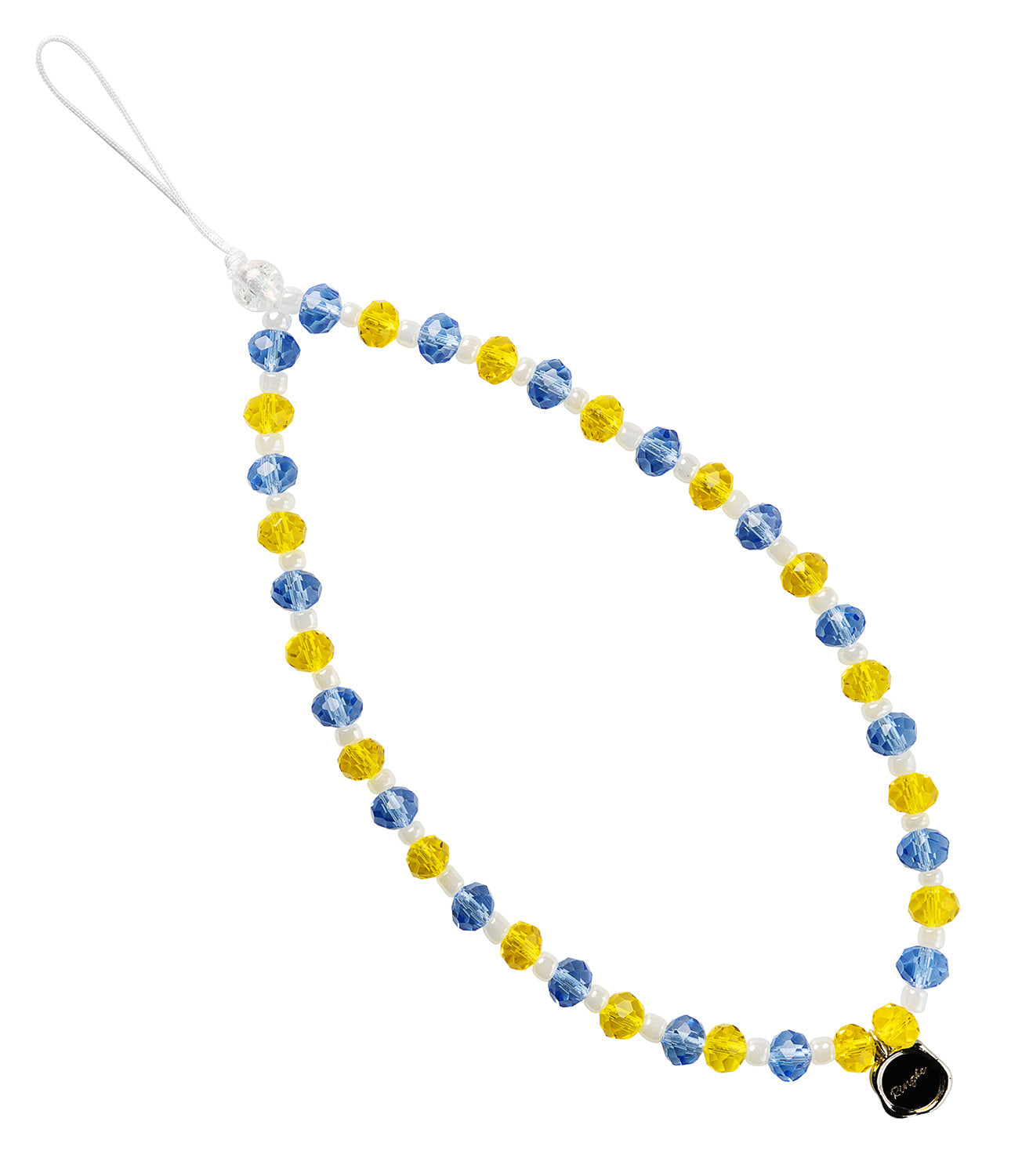 Beaded Strap - A loop of alternating blue and yellow faceted crystal beads with small white spacers and a black charm.