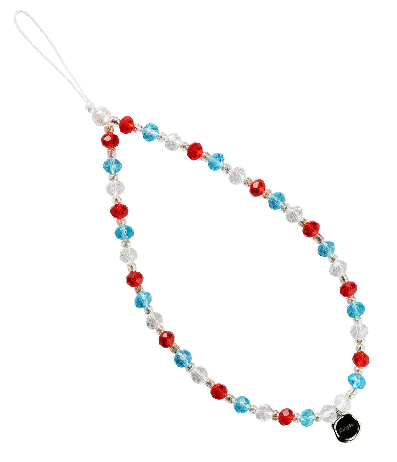 Beaded Strap - A loop of faceted red, blue, and clear crystal beads with a small black charm at the end.