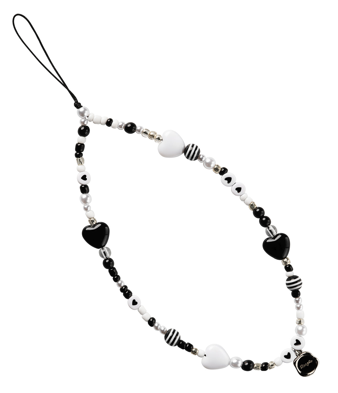 Beaded Strap - A black and white phone charm featuring heart-shaped beads, striped spheres, and small pearls on a black cord.