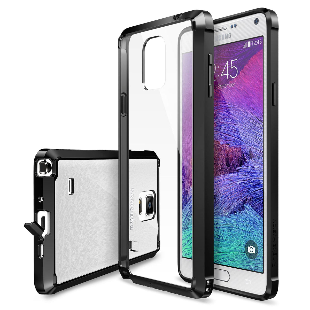 Galaxy Note 4 Case | Fusion - Clear protective case with black bumper frame shown on a white Samsung Galaxy Note 4.