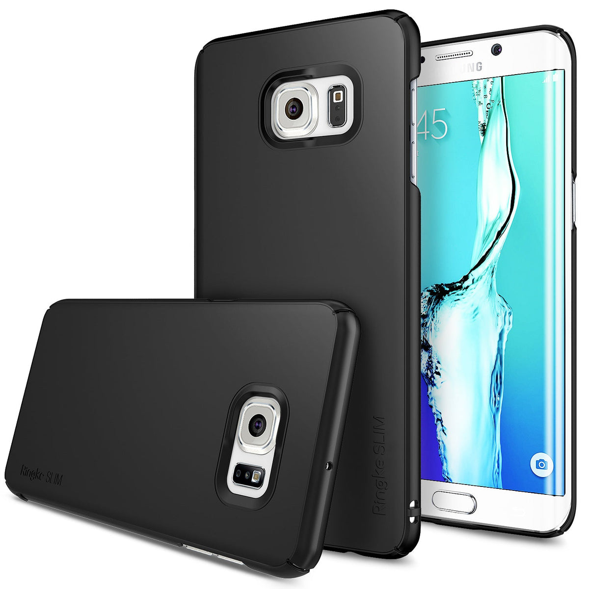 Galaxy S6 Edge Plus Case | Slim - Two black slim-fit cases shown with a Galaxy S6 Edge Plus phone displaying a blue screen.