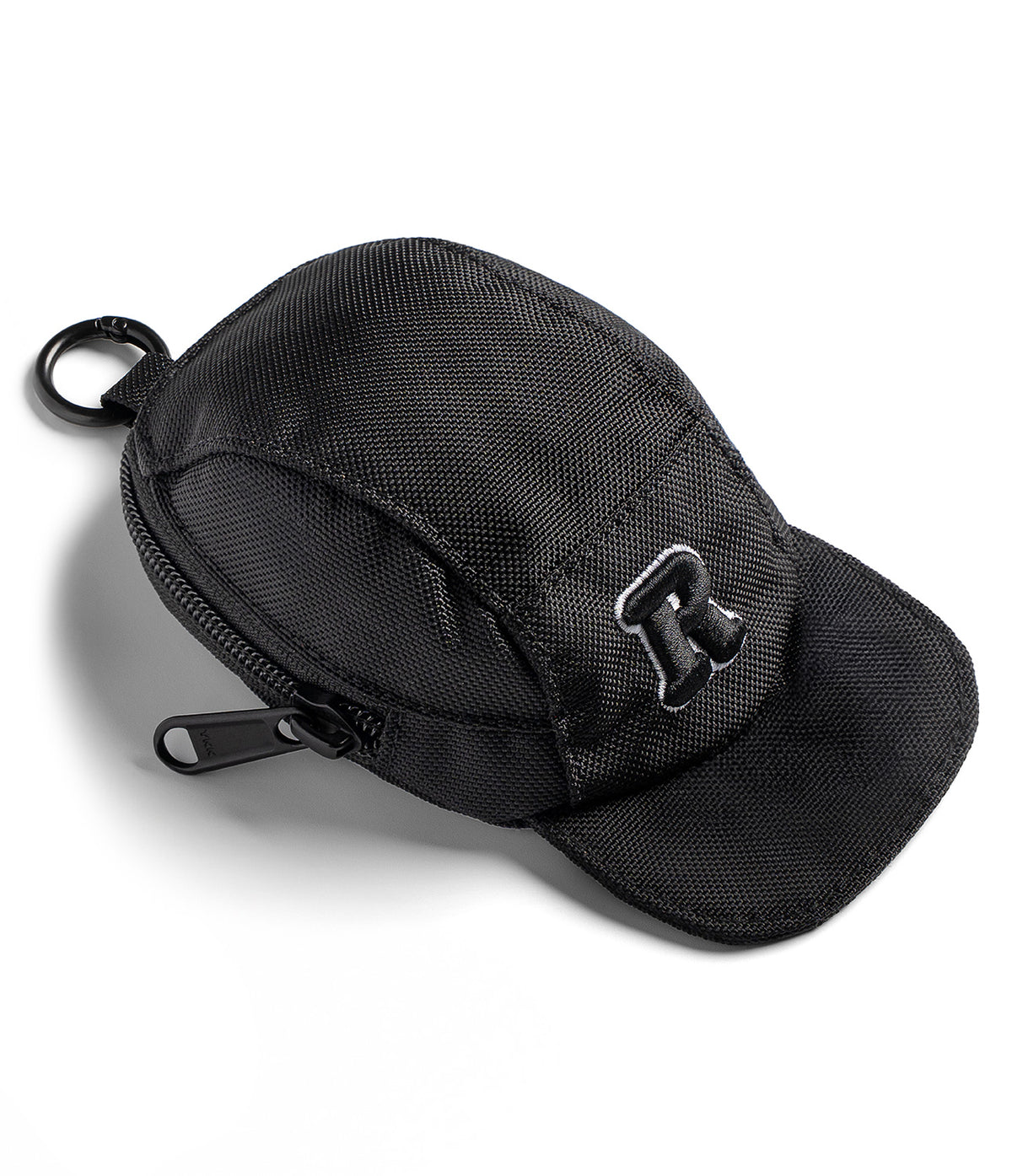 Mini Pouch | Cap - A black, cap-shaped mini pouch with a zipper, a carabiner, and a white-outlined letter R patch on the front.