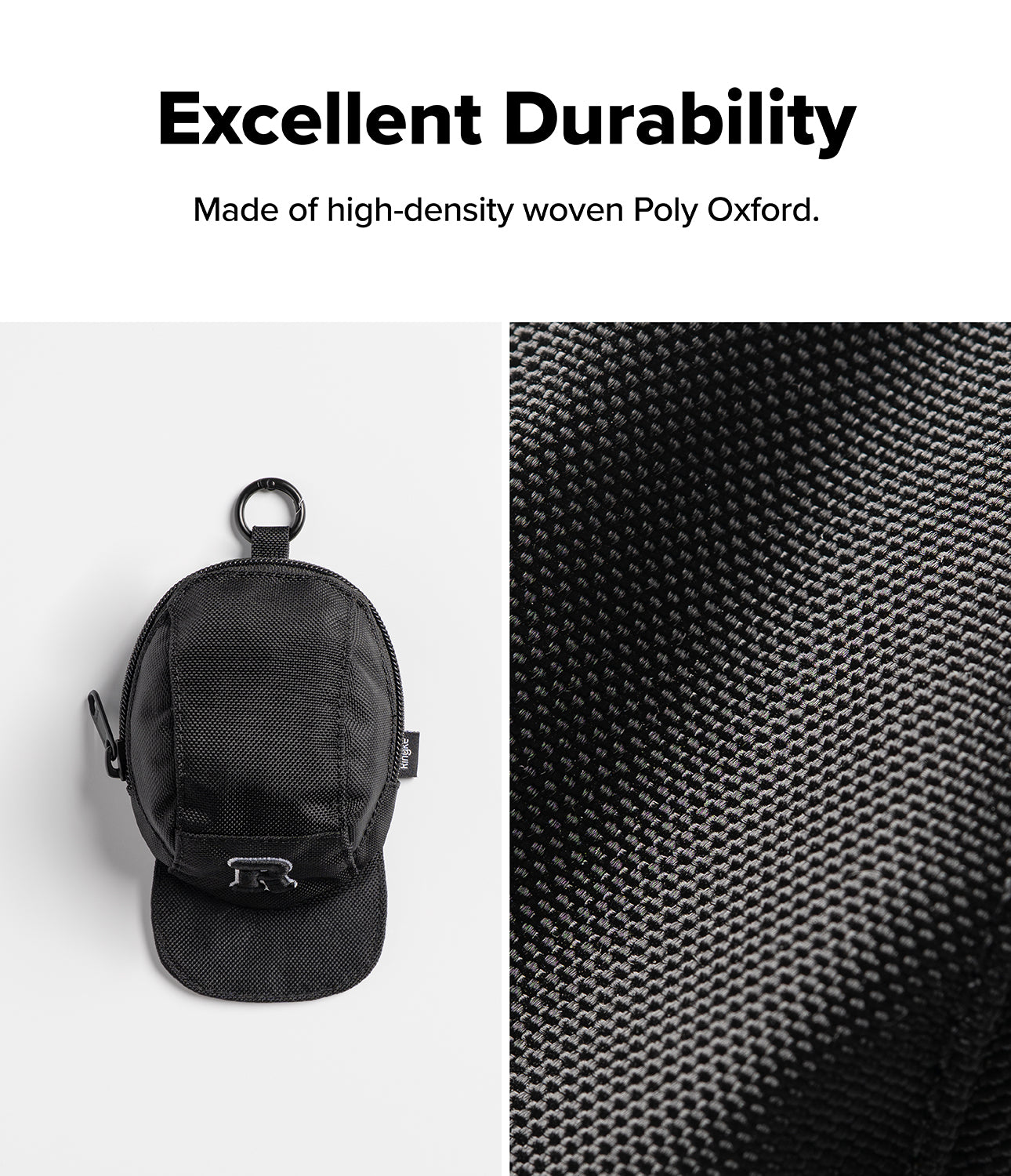 Mini Pouch | Cap - Black cap-shaped mini pouch with a carabiner and a close-up view of the durable woven fabric texture.