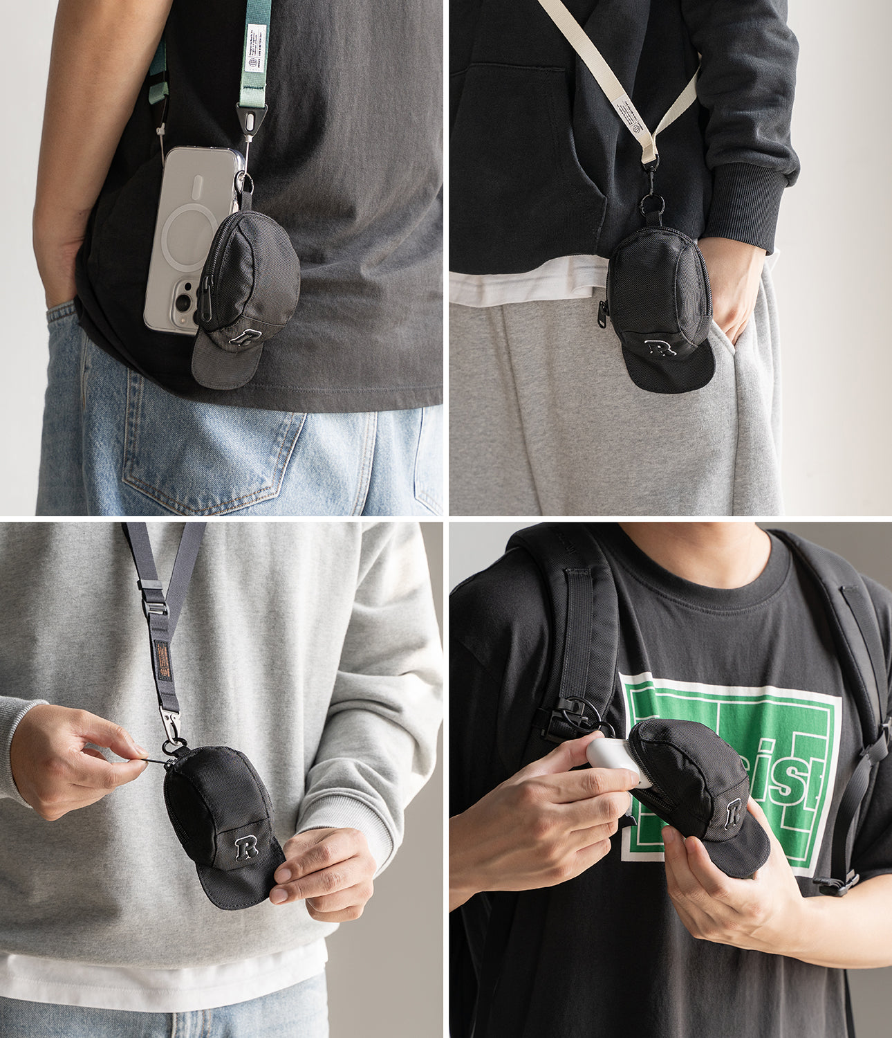 Mini Pouch | Cap - Four views of a small black cap-shaped pouch worn on a lanyard or attached to a bag for carrying items.