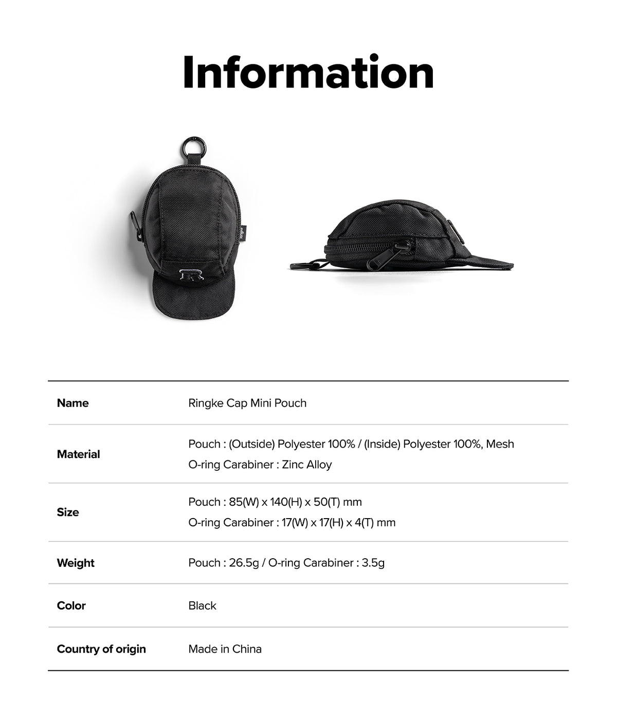 Mini Pouch | Cap - Black cap-shaped mini pouch with a carabiner, shown from top and side views with product specifications.