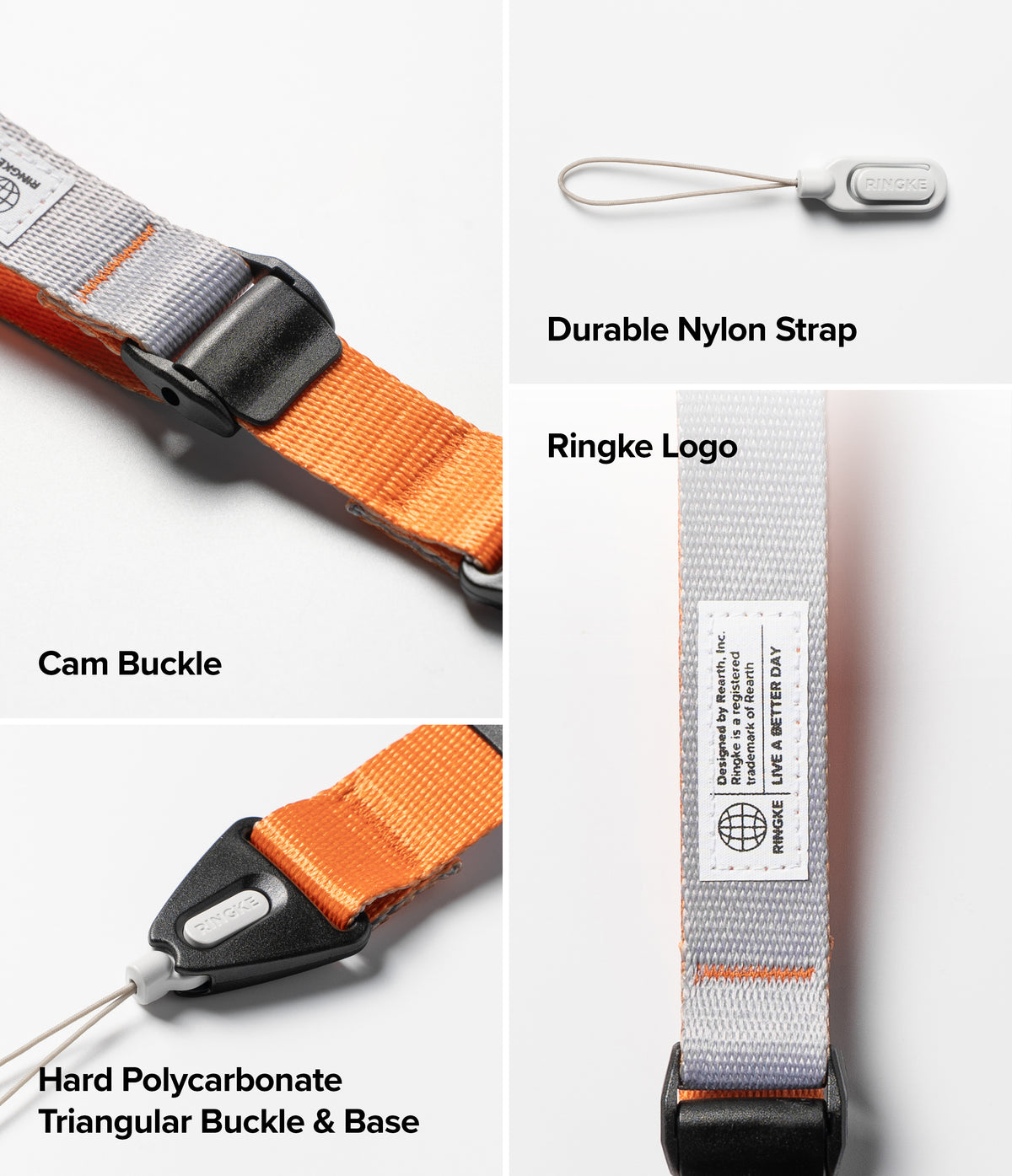 Cam Buckle Hand Strap - Durable nylon strap with cam buckle, hard polycarbonate triangular buckle & base, and Ringke logo on a white background.