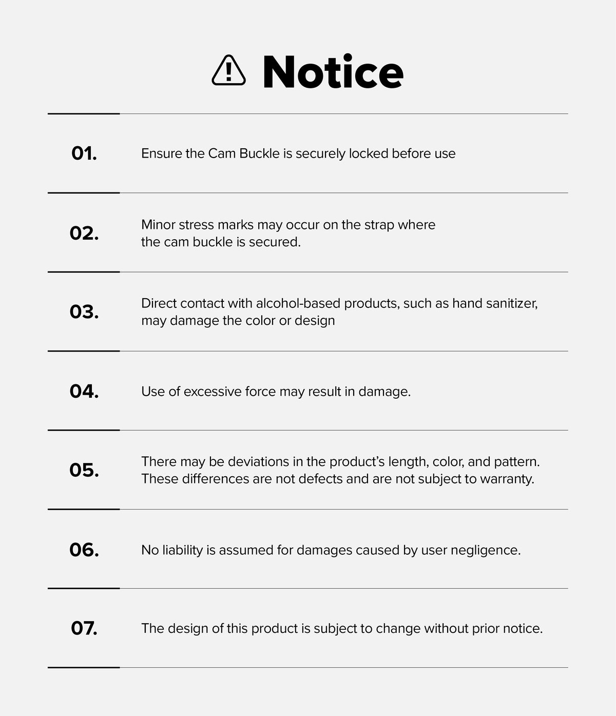 Cam Buckle Hand Strap - Notice or warning label with product usage instructions on a white background