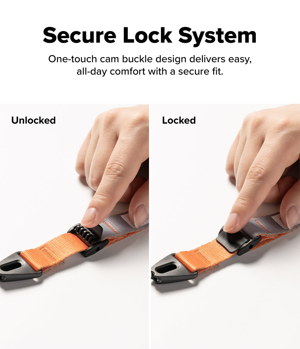 Cam Buckle Hand Strap - Illustration of a secure lock system with unlocked and locked positions on an orange strap.