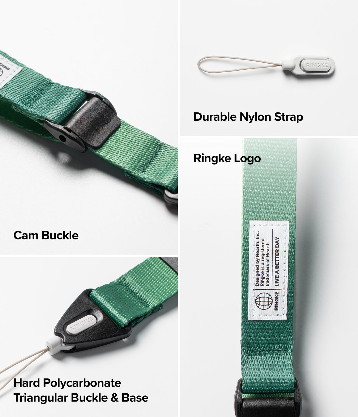 Cam Buckle Hand Strap - Green strap with cam buckle, durable nylon material, hard polycarbonate base, and Ringke logo on a white background.