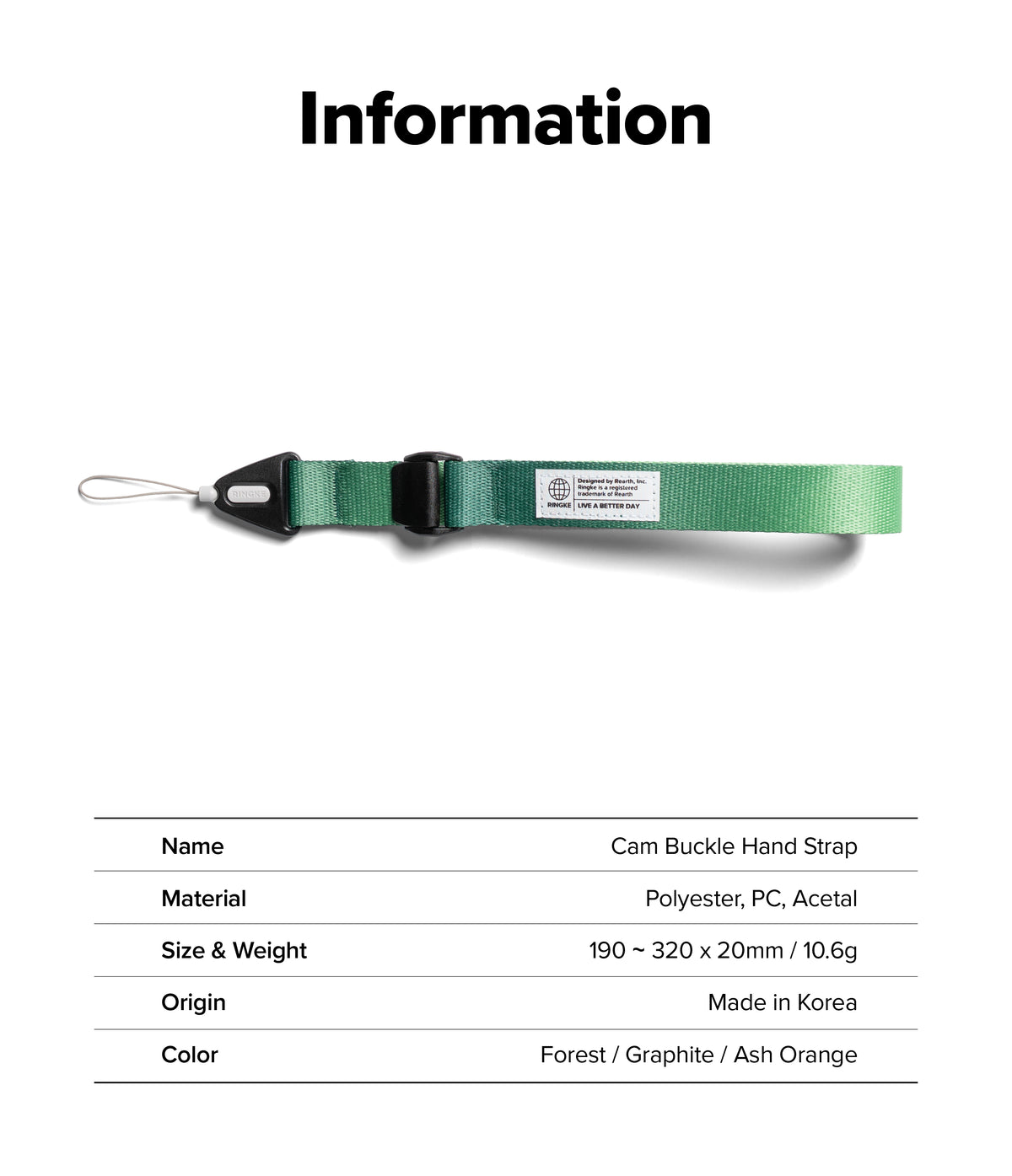 Cam Buckle Hand Strap - Green lanyard with a label on a white background, displaying product information.