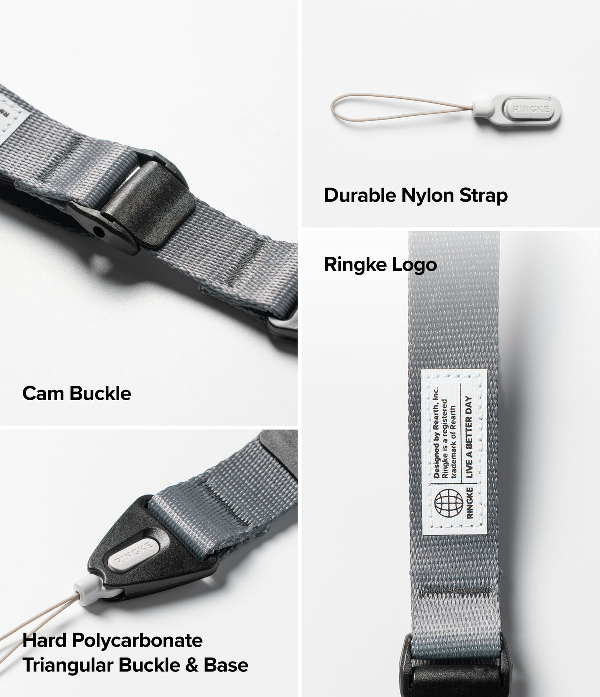 Cam Buckle Hand Strap - Gray strap with cam buckle, durable nylon material, and Ringke logo on a white background