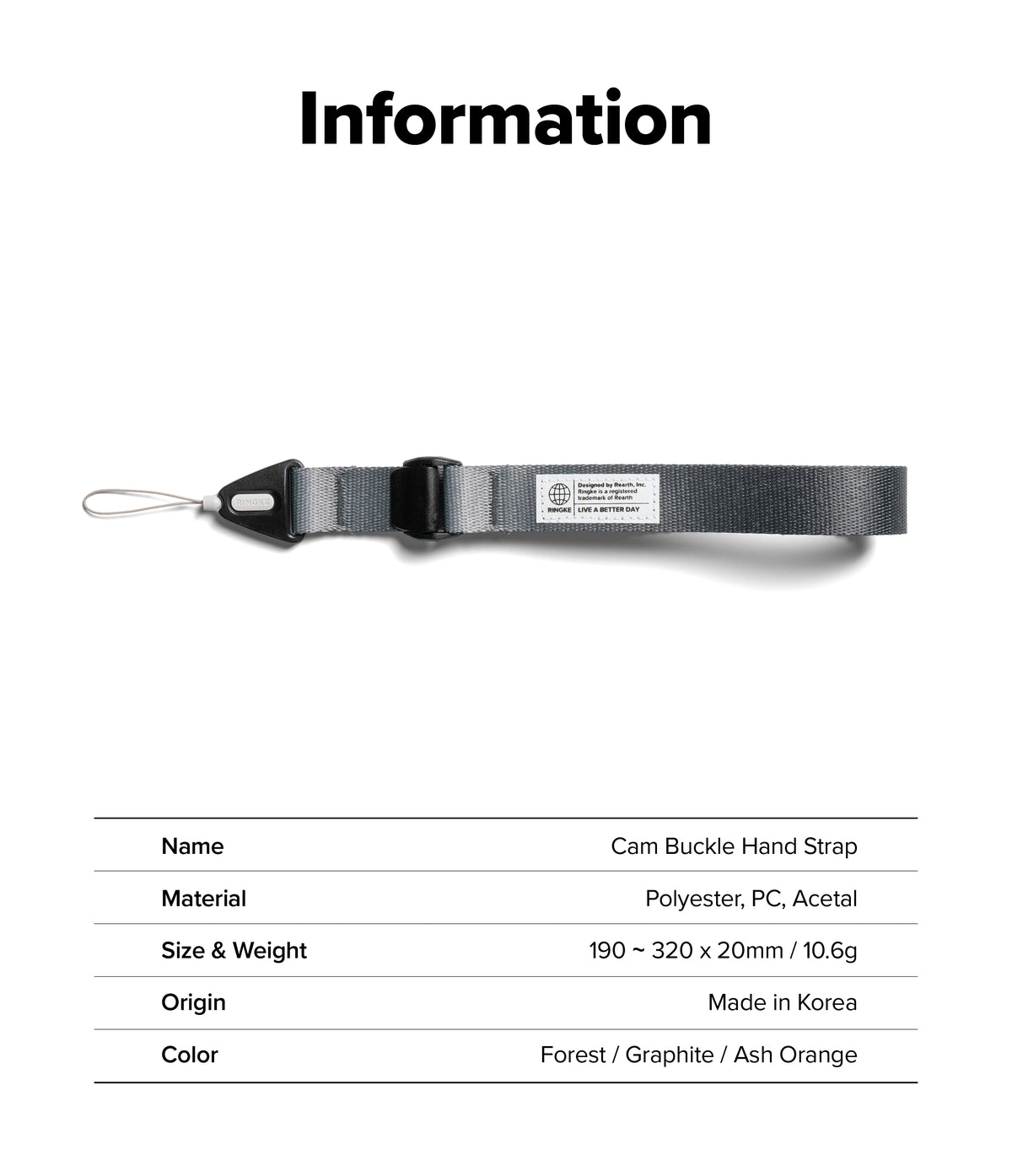 Cam Buckle Hand Strap - Cam Buckle Hand Strap with product details on a white background
