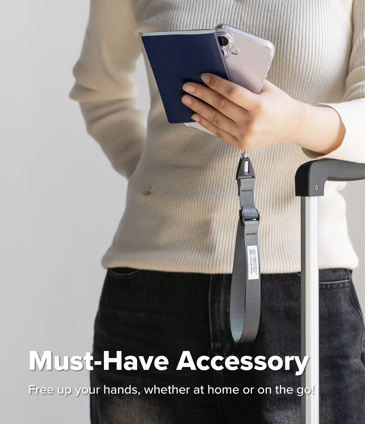 Cam Buckle Hand Strap - Person holding a phone with a lanyard, text 'Must-Have Accessory' below.