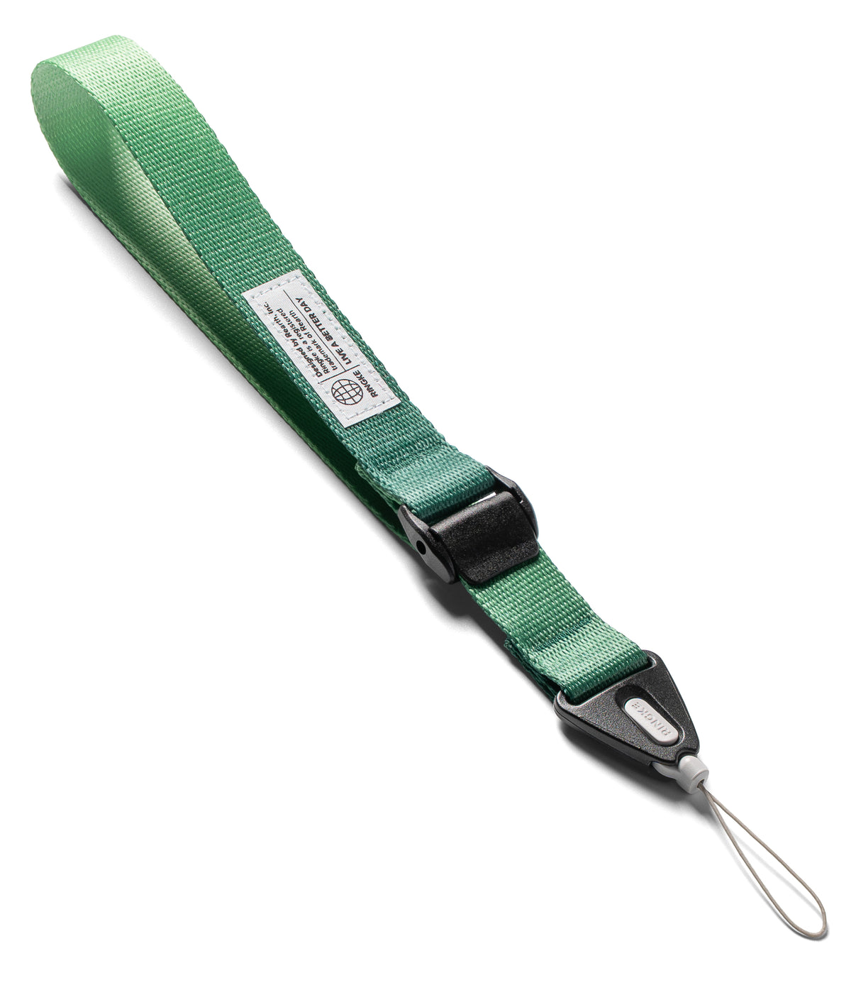 Cam Buckle Hand Strap - Green lanyard with a black clip on a white background