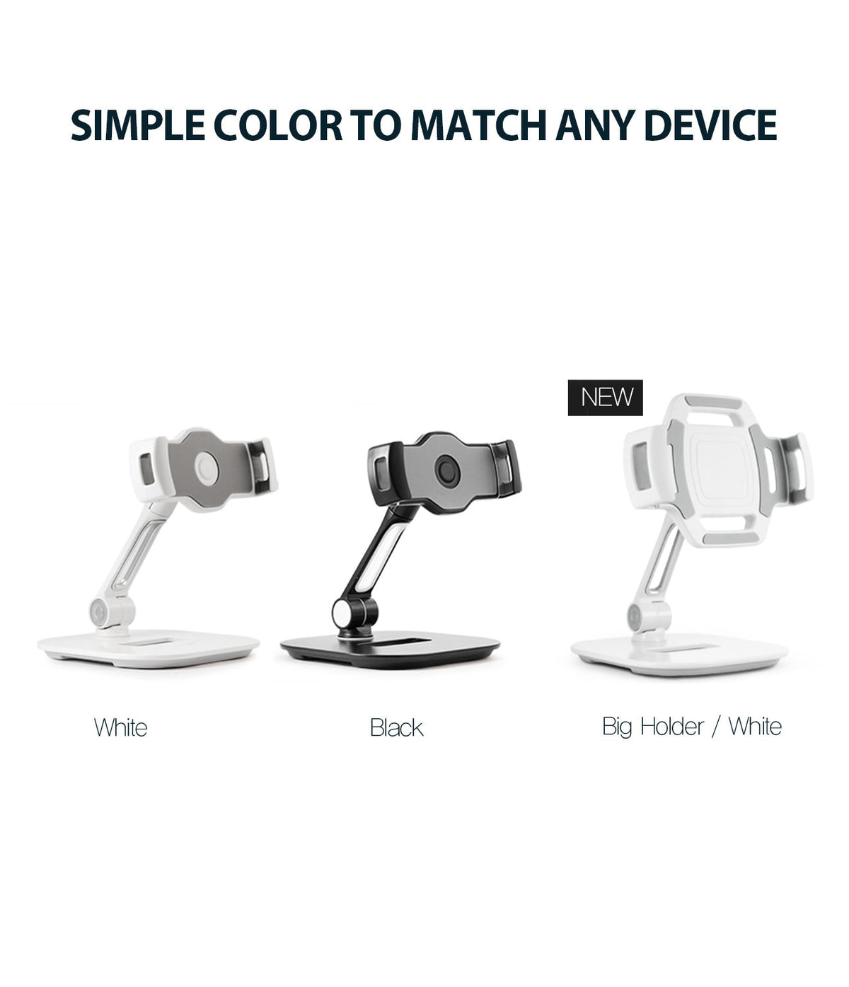 Iron Tablet Stand - Three adjustable tablet stands in white, black, and a larger white model labeled New.