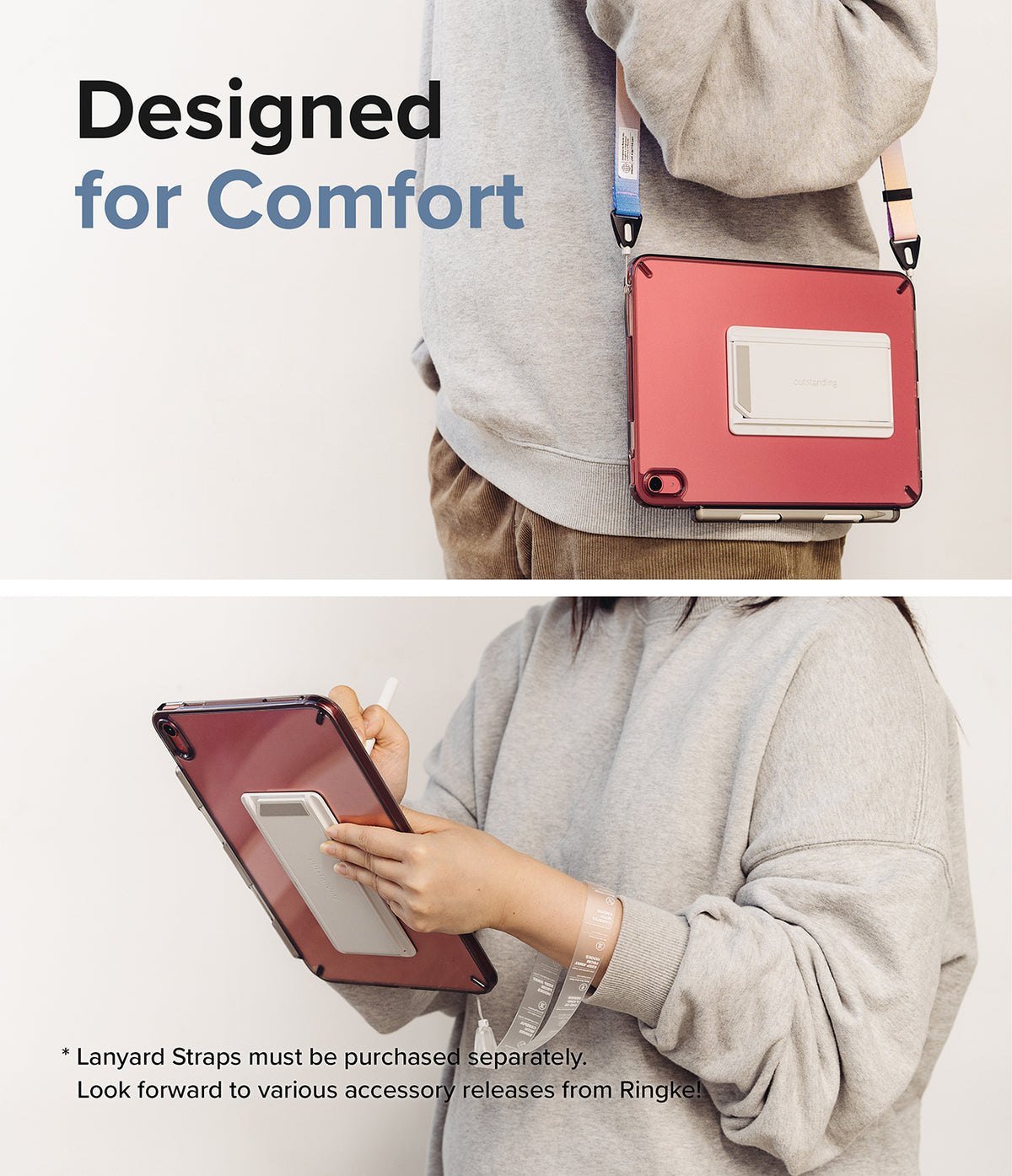Fusion + Outstanding | iPad - Person wearing a red iPad case with a white kickstand, carried by a strap and used with a stylus.