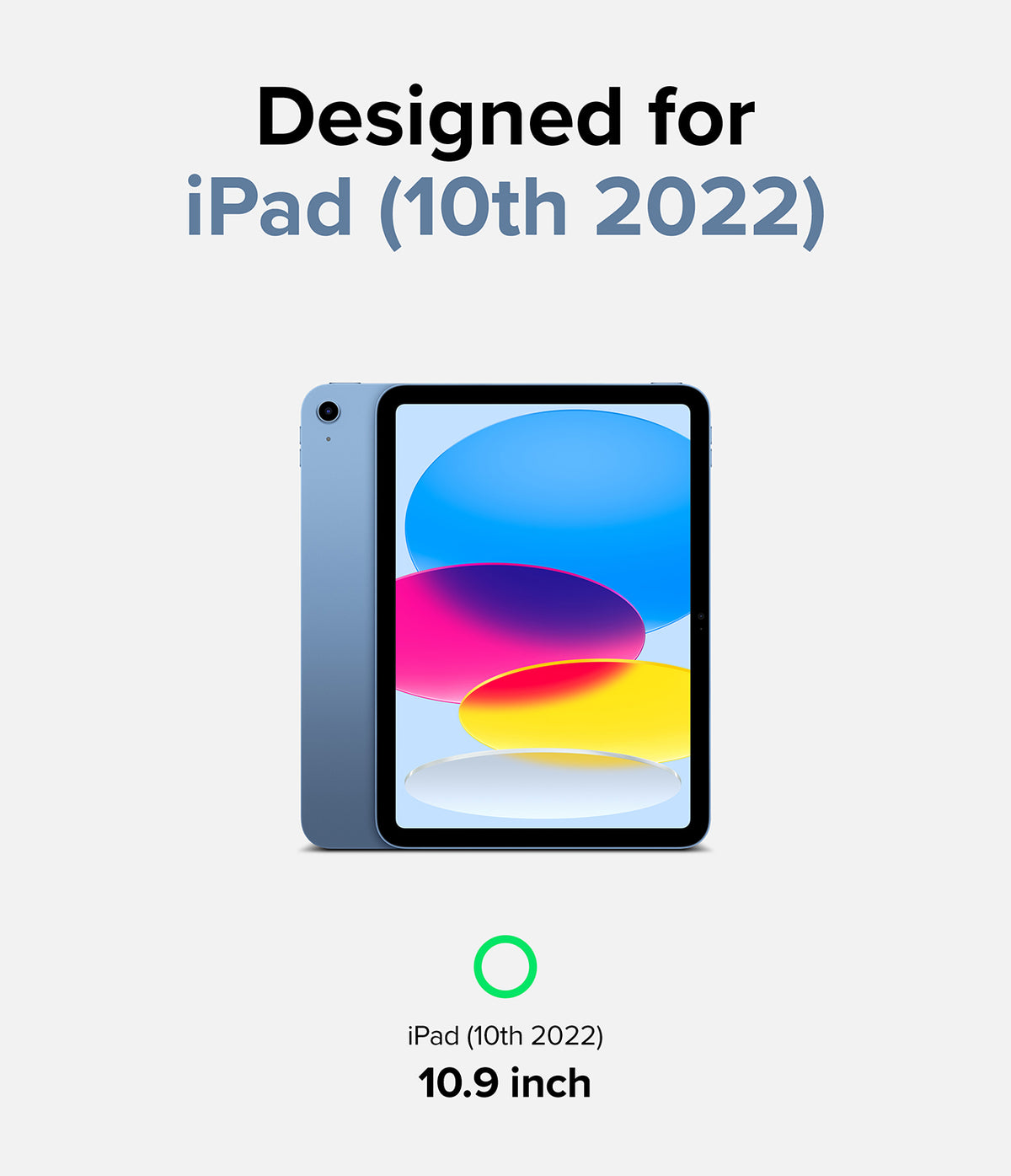 Fusion + Outstanding | iPad - Blue iPad 10th Gen with colorful abstract screen, labeled for 10.9 inch compatibility.