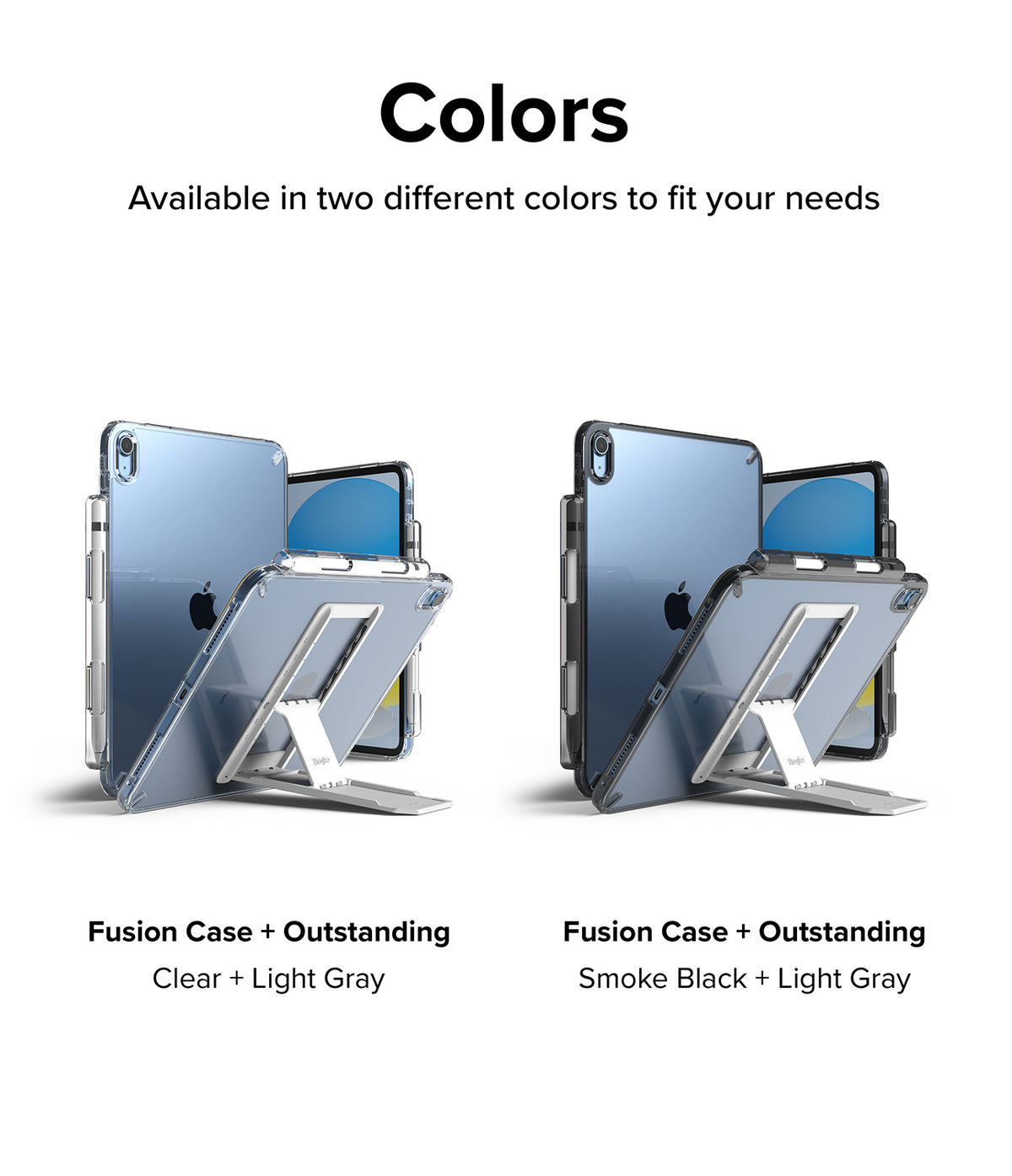 Fusion + Outstanding | iPad - Two iPads with clear and smoke black Fusion cases and light gray Outstanding kickstands.