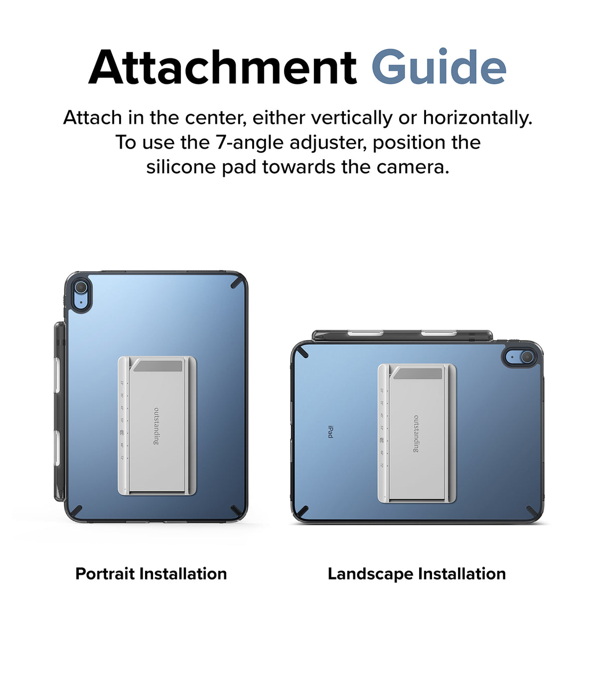 Fusion + Outstanding | iPad - Fusion + Outstanding - iPad attachment guide showing portrait and landscape installation of the stand on the back of an iPad.