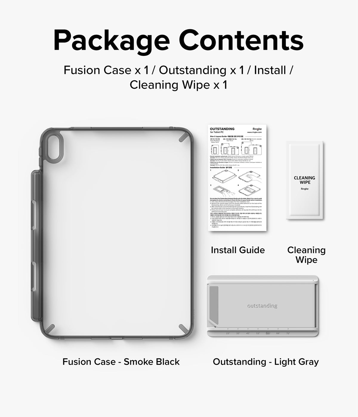 Fusion + Outstanding | iPad - Smoke black iPad case, light gray kickstand, installation guide, and cleaning wipe.