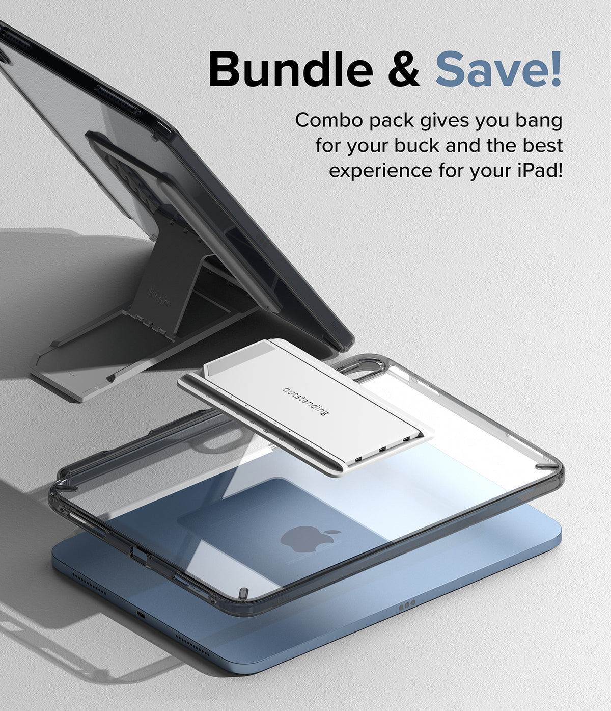 Fusion + Outstanding | iPad - iPad in a clear case with a white stand and tablet holder, promoting a bundle deal.