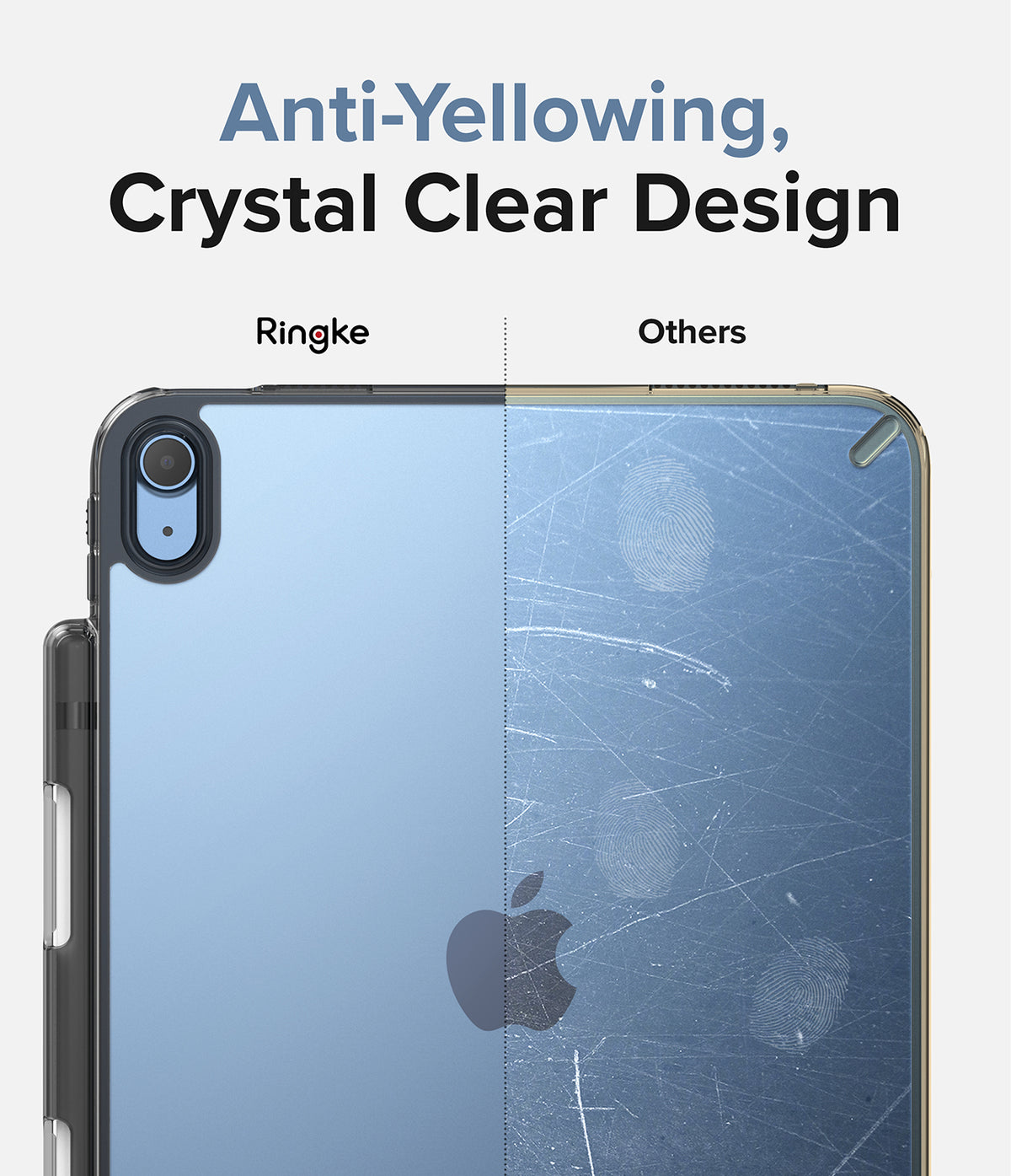 Fusion + Outstanding | iPad - Comparison showing a clear, scratch-free Ringke case versus a yellowed, scratched competitor.