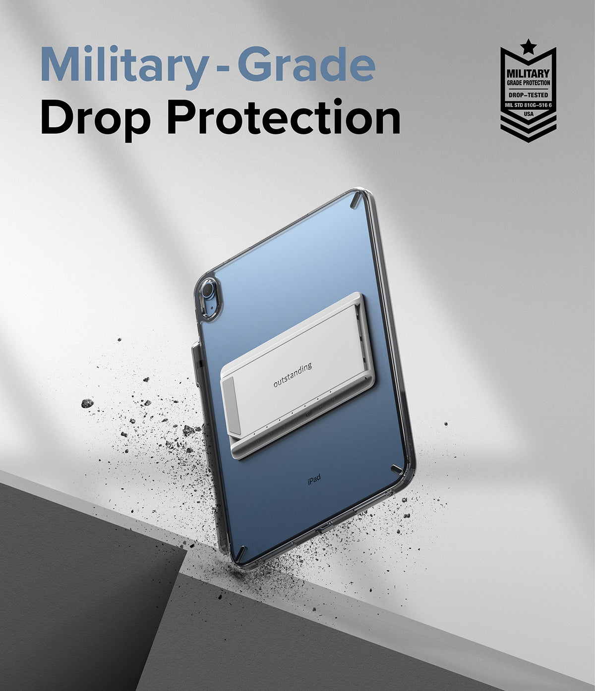 Fusion + Outstanding | iPad - iPad in a clear protective case with a kickstand, surrounded by debris, with military-grade text.