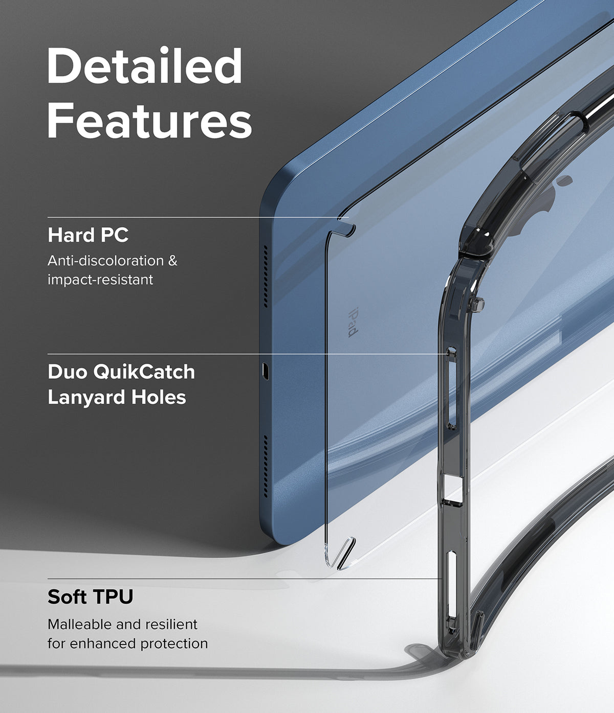 Fusion + Outstanding | iPad - Diagram highlighting hard PC, lanyard holes, and soft TPU features of a clear iPad case.