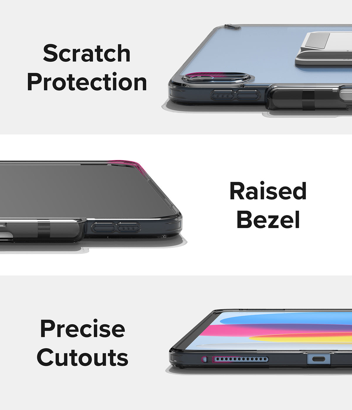 Fusion + Outstanding | iPad - Three close-up views of an iPad case highlighting scratch protection, raised bezels, and precise cutouts.