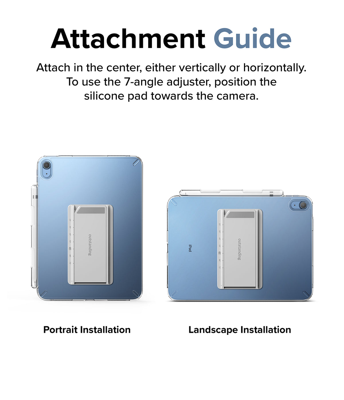 Fusion + Outstanding | iPad - Diagram showing vertical and horizontal attachment of a stand to the back of an iPad.