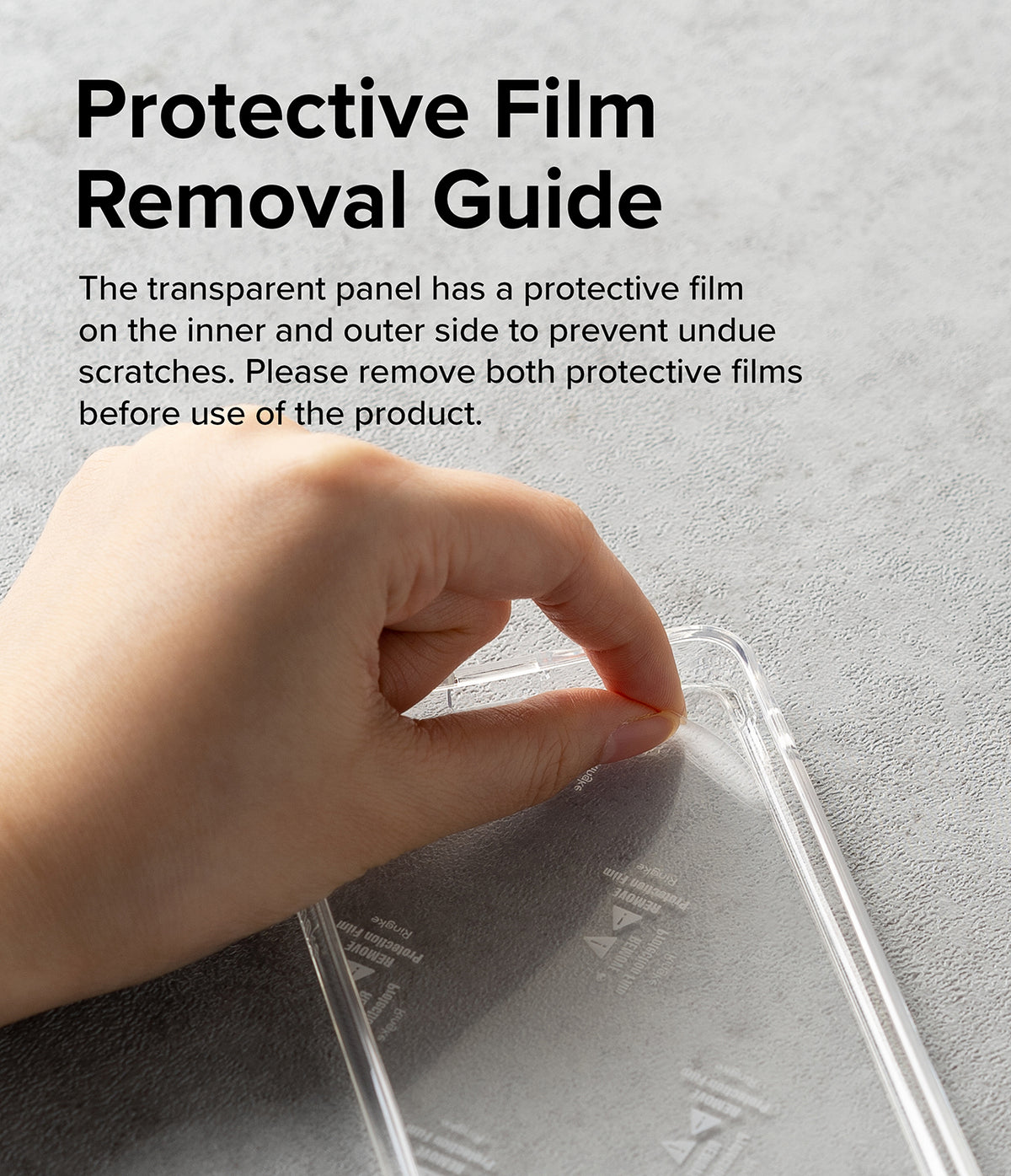 Fusion + Outstanding | iPad - Hand peeling a protective film off a clear iPad case with instructional text above.