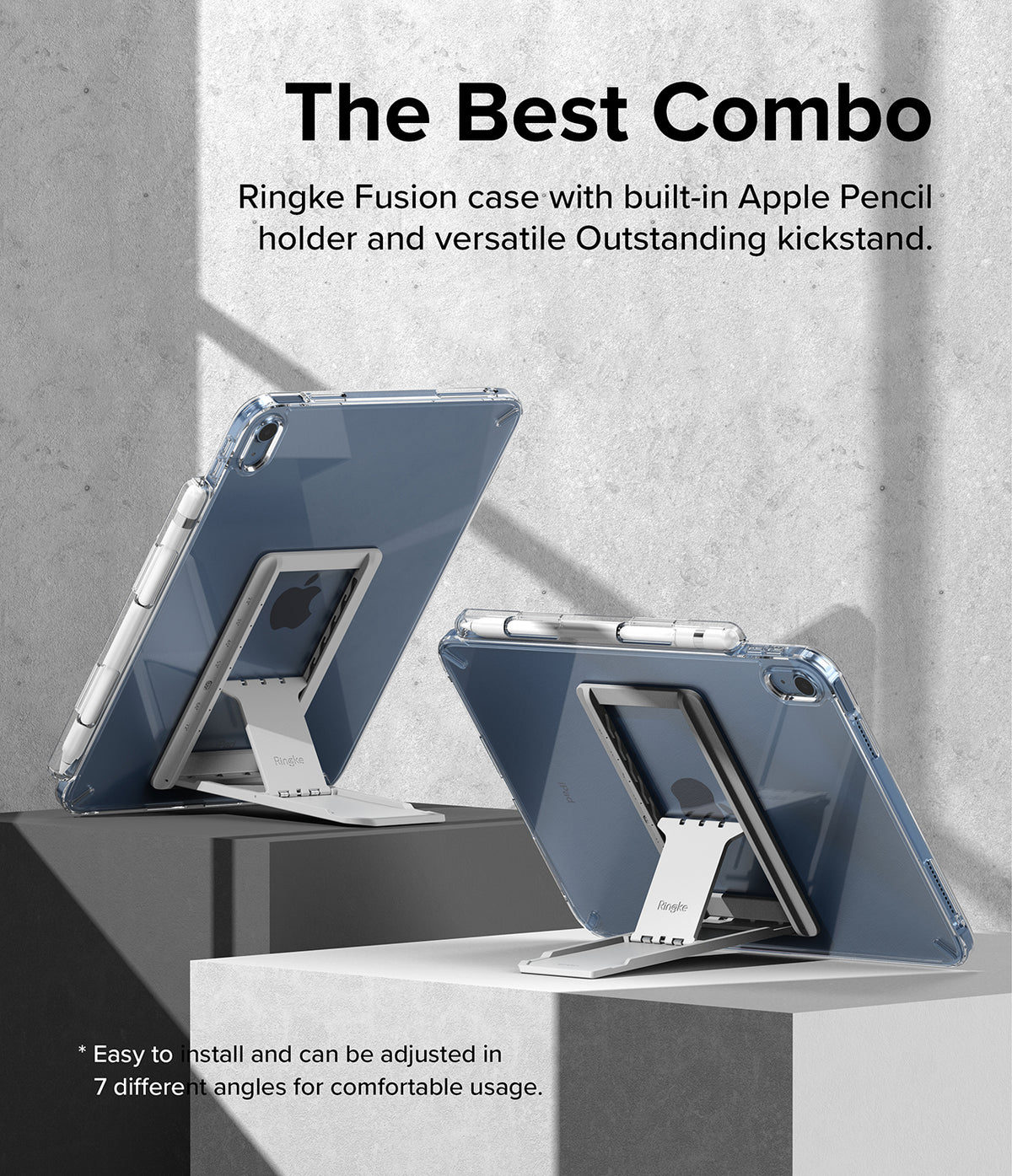 Fusion + Outstanding | iPad - Two iPads in clear cases with Apple Pencil holders and adjustable kickstands on pedestals.
